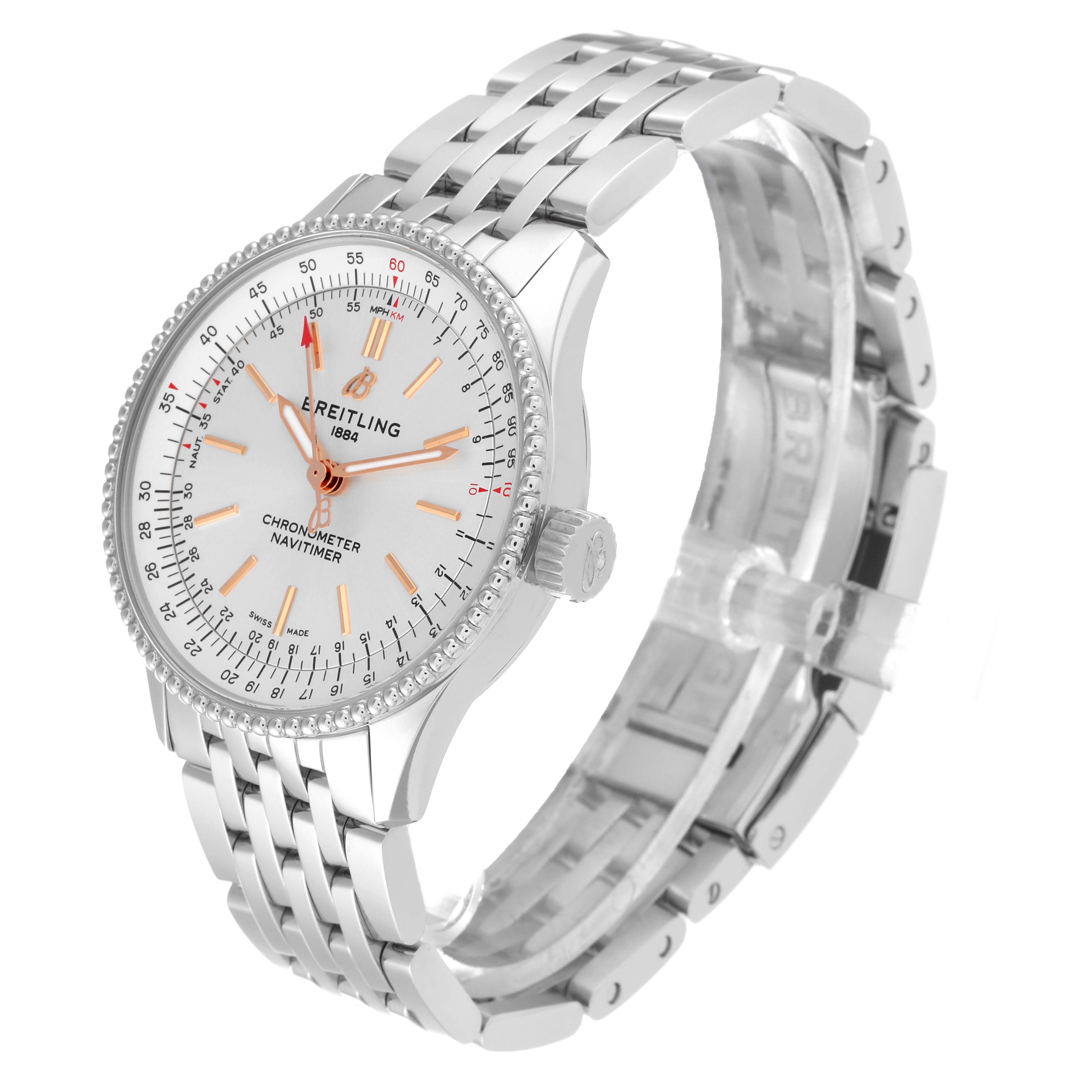 The image shows a front-side angle of the Breitling A17395 Women's Stainless Steel Silver Dial A17395 Women's Stainless Steel Silver Dial Navitimer Automatic 35 Silver Dial Steel Ladies Watch A17395, highlighting the dial and bracelet.