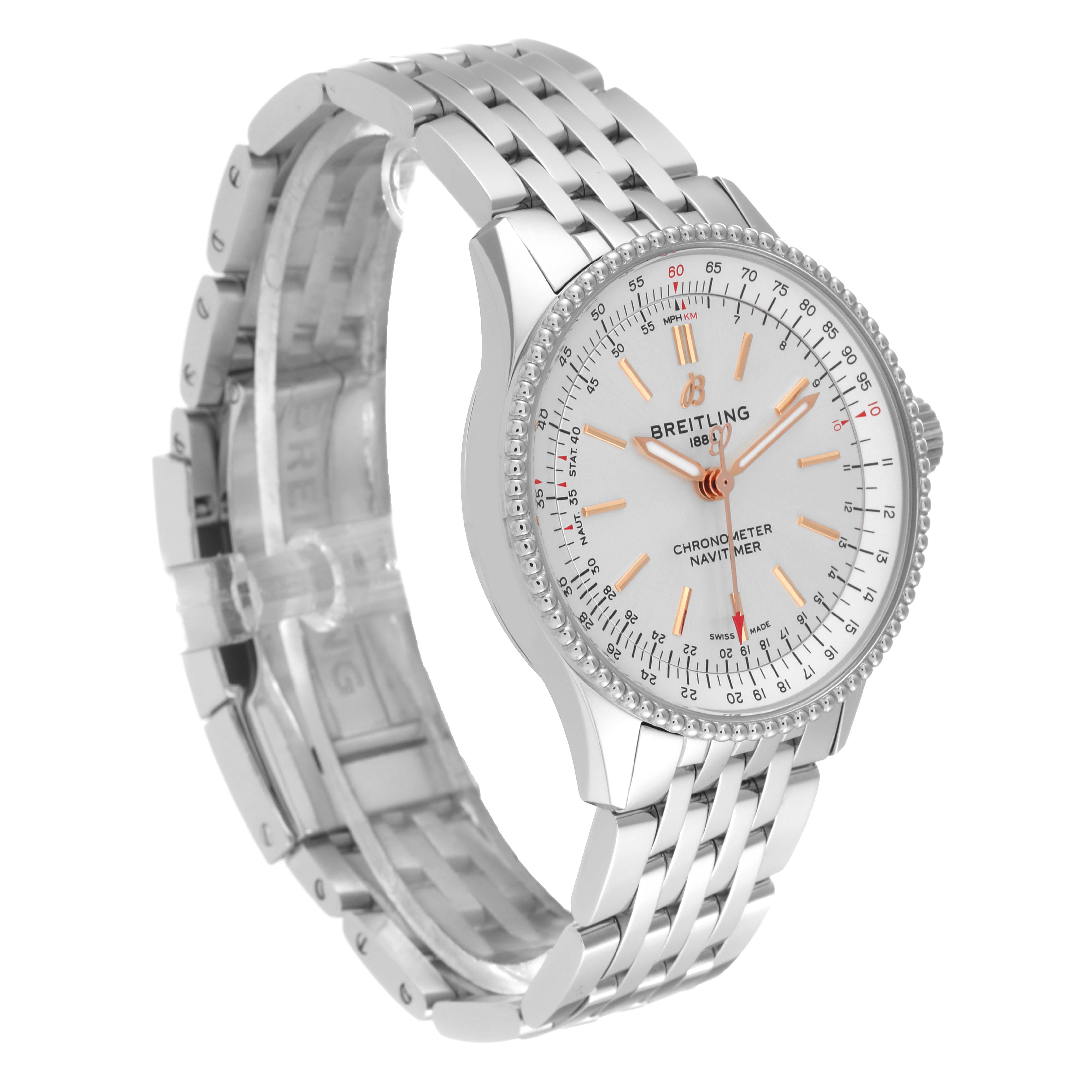 The image shows a Breitling A17395 Women's Stainless Steel Silver Dial A17395 Women's Stainless Steel Silver Dial Navitimer Automatic 35 Silver Dial Steel Ladies Watch A17395 from a three-quarter front angle.