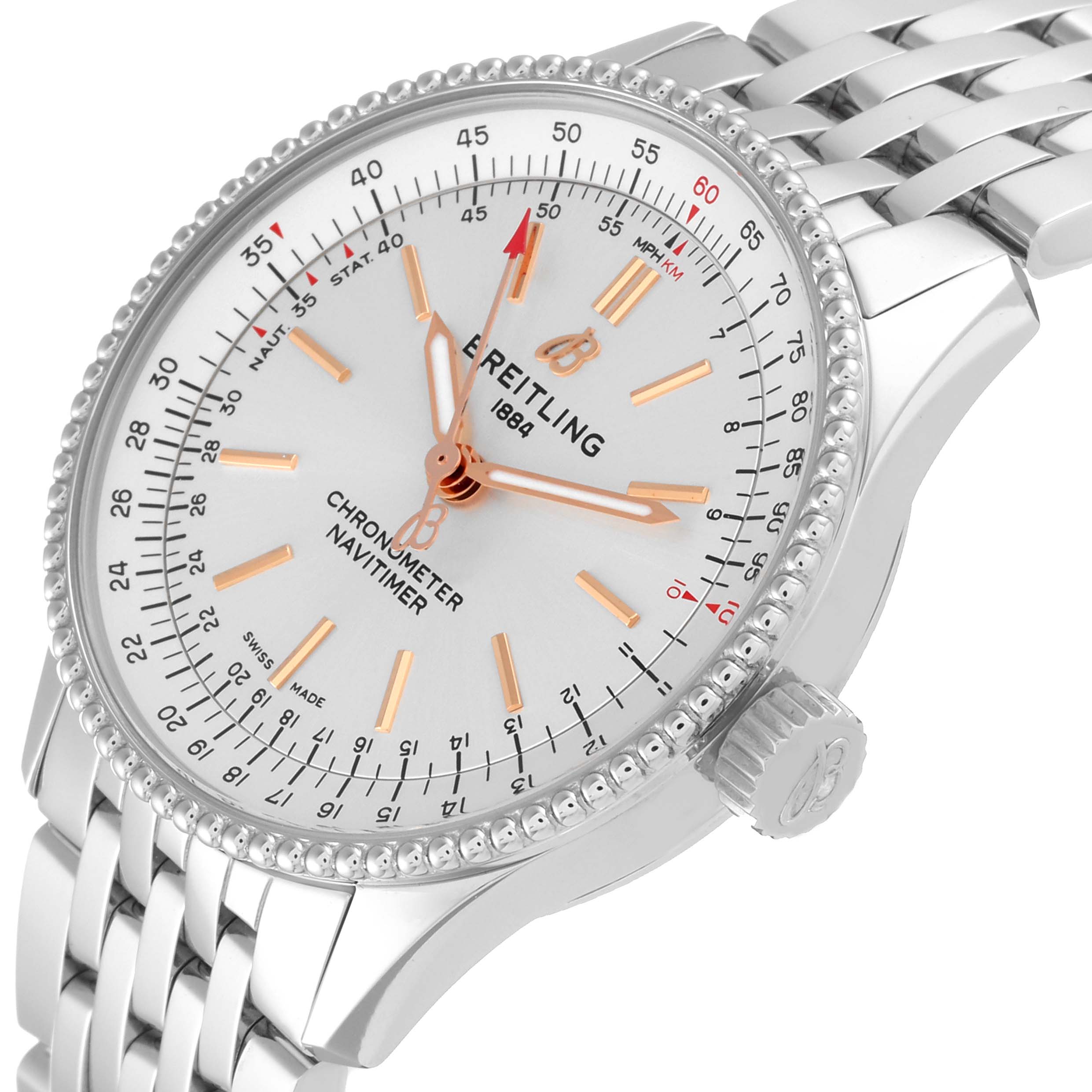 The image shows a Navitimer Automatic 35 Silver Dial Steel Ladies Watch A17395 by Breitling A17395 Women's Stainless Steel Silver Dial A17395 Women's Stainless Steel Silver Dial at an angle highlighting its face and strap.