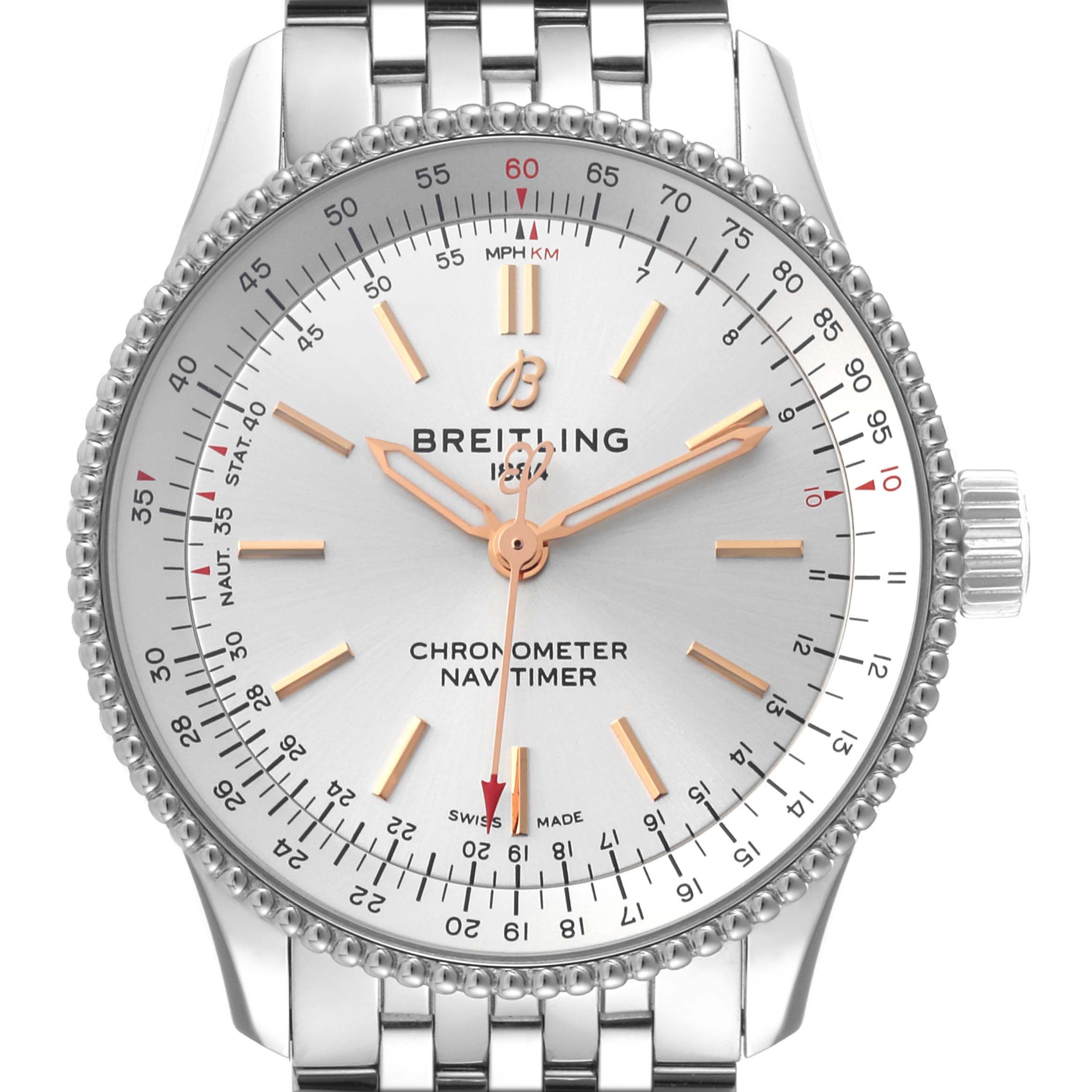 The image shows a front view of the Breitling A17395 Women's Stainless Steel Silver Dial A17395 Women's Stainless Steel Silver Dial Navitimer Automatic 35 Silver Dial Steel Ladies Watch A17395 model.