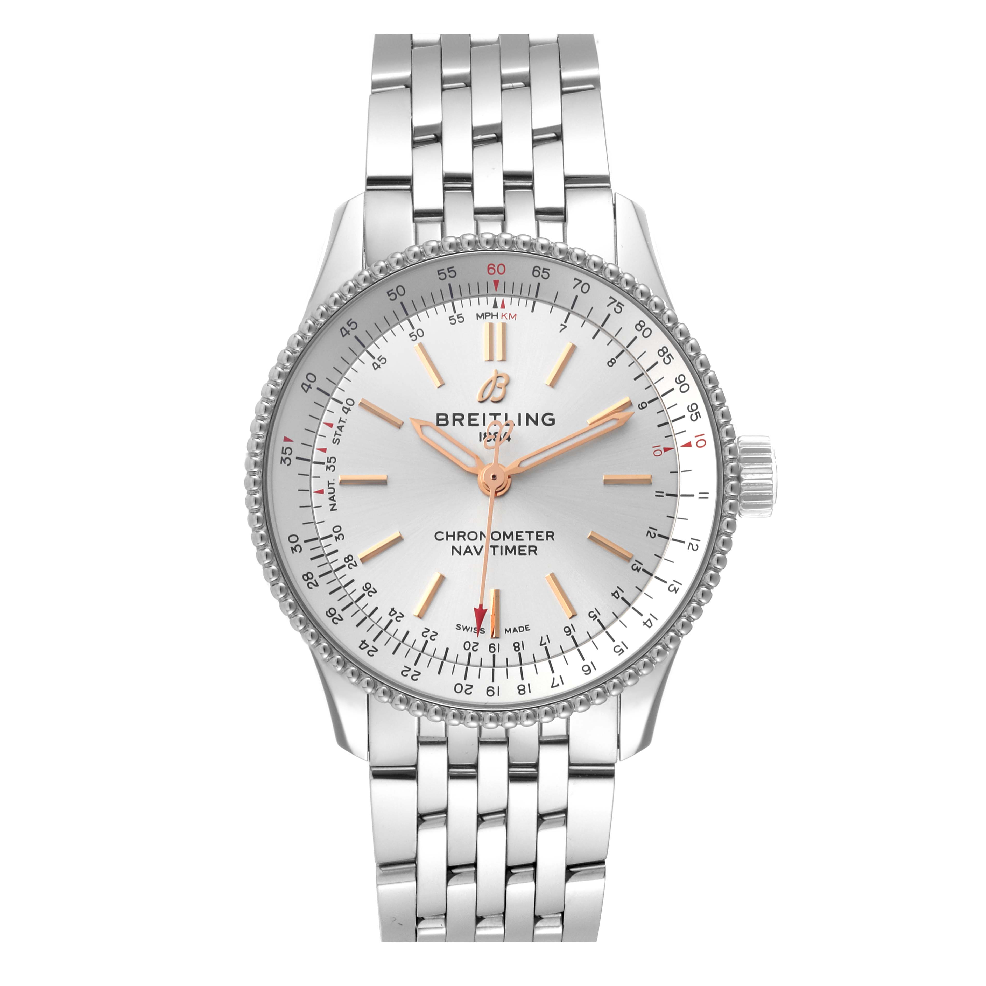 The image shows a frontal view of the Breitling A17395 Women's Stainless Steel Silver Dial A17395 Women's Stainless Steel Silver Dial Navitimer Automatic 35 Silver Dial Steel Ladies Watch A17395, displaying the full dial and bracelet.