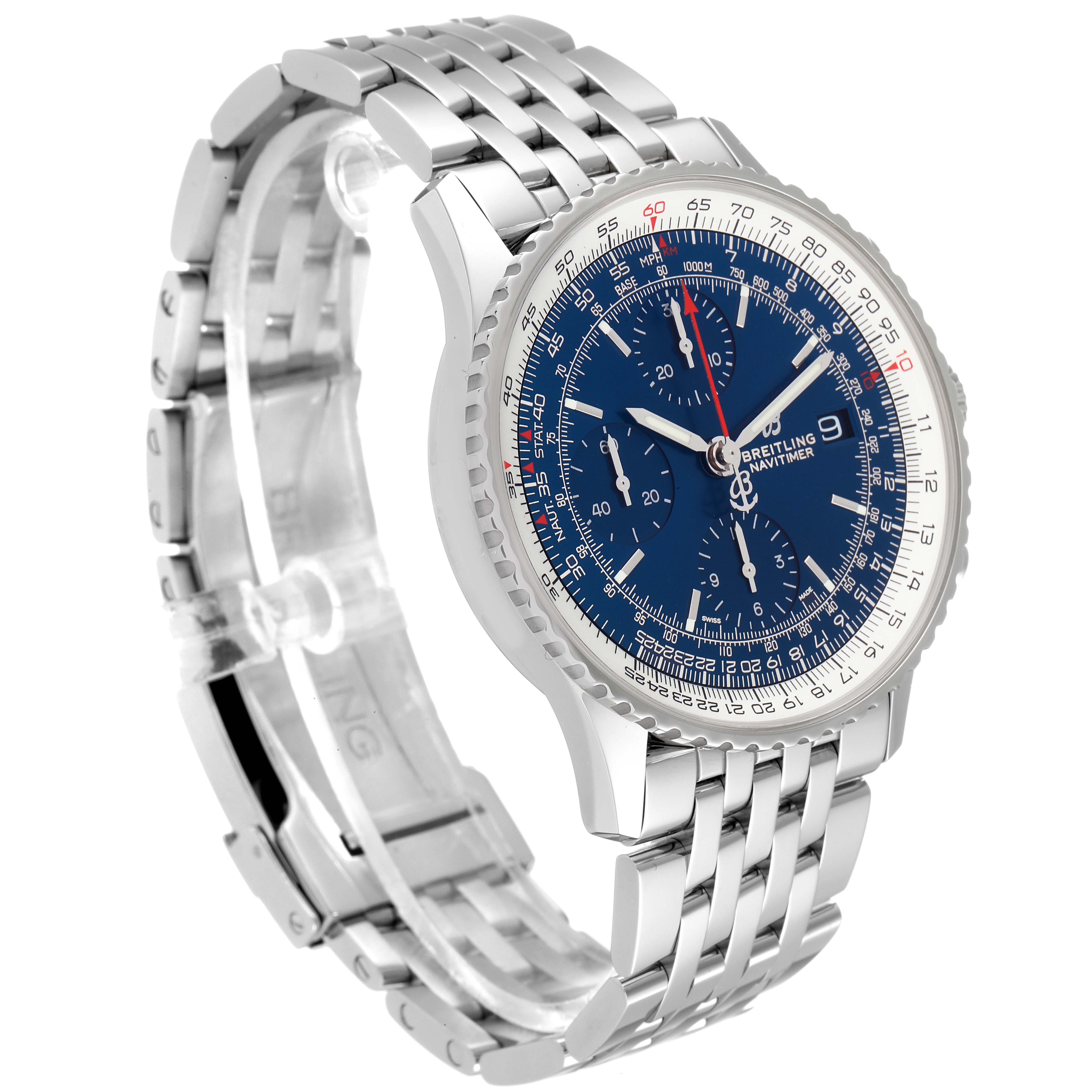 This image shows a side angle of the Breitling Navitimer A13324 Men
s Stainless Steel Blue Dial A13324 Men
s Stainless Steel Blue Dial watch, displaying the dial, bezel, and metal bracelet.