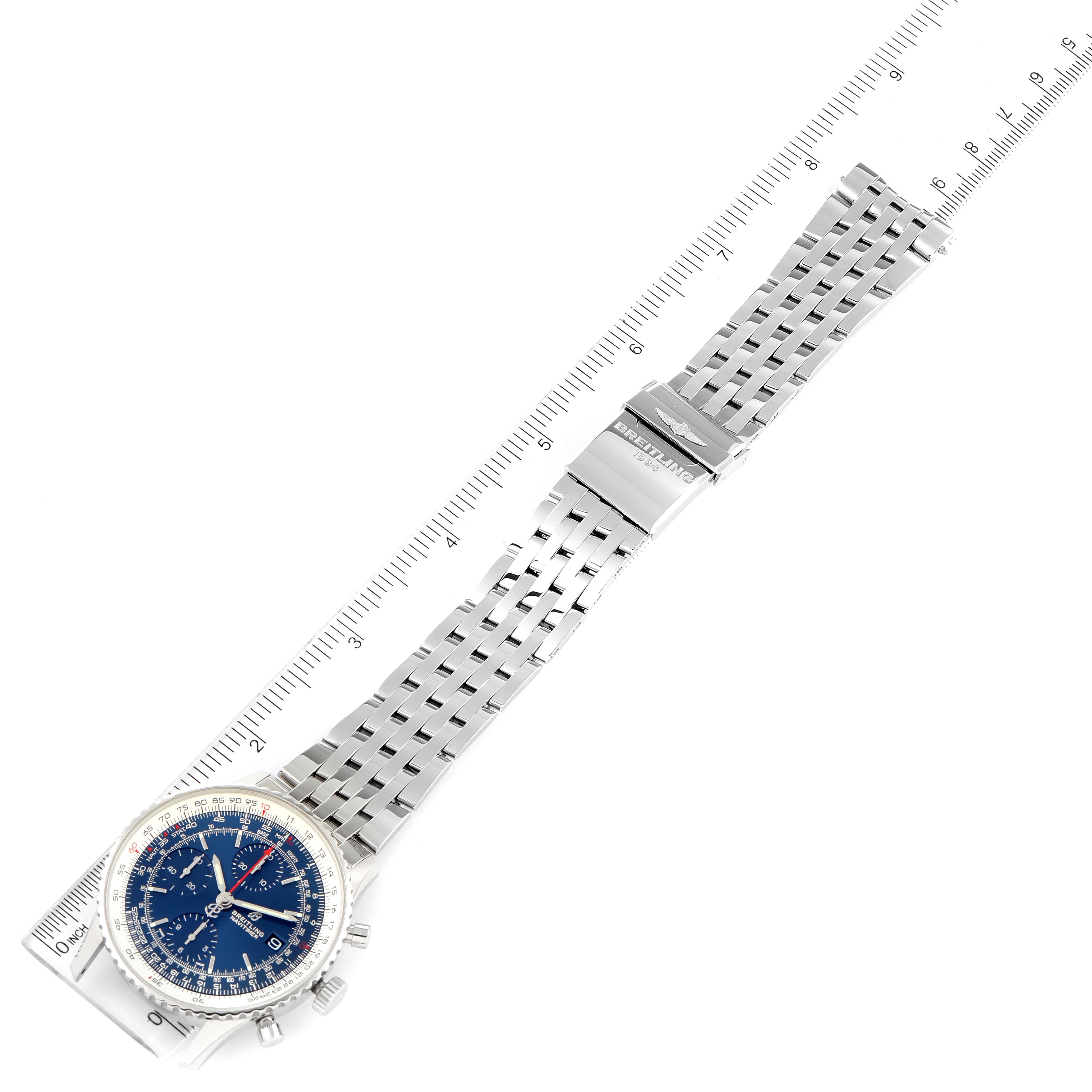 The image shows a Breitling Navitimer A13324 Men
s Stainless Steel Blue Dial A13324 Men
s Stainless Steel Blue Dial watch laid flat, displaying the face, bezel, and full metal bracelet with a clasp.