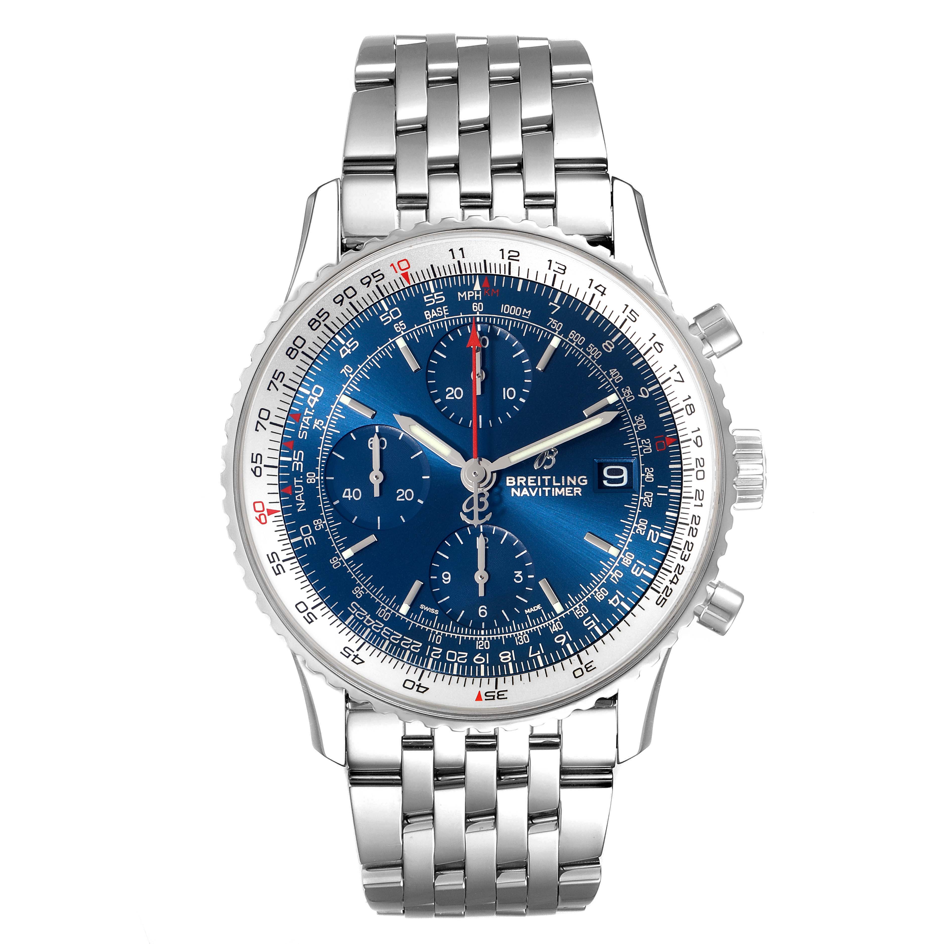 The image shows a Breitling Navitimer A13324 Men
s Stainless Steel Blue Dial A13324 Men
s Stainless Steel Blue Dial watch, captured from a front angle, highlighting its blue dial, chronograph features, and metal bracelet.