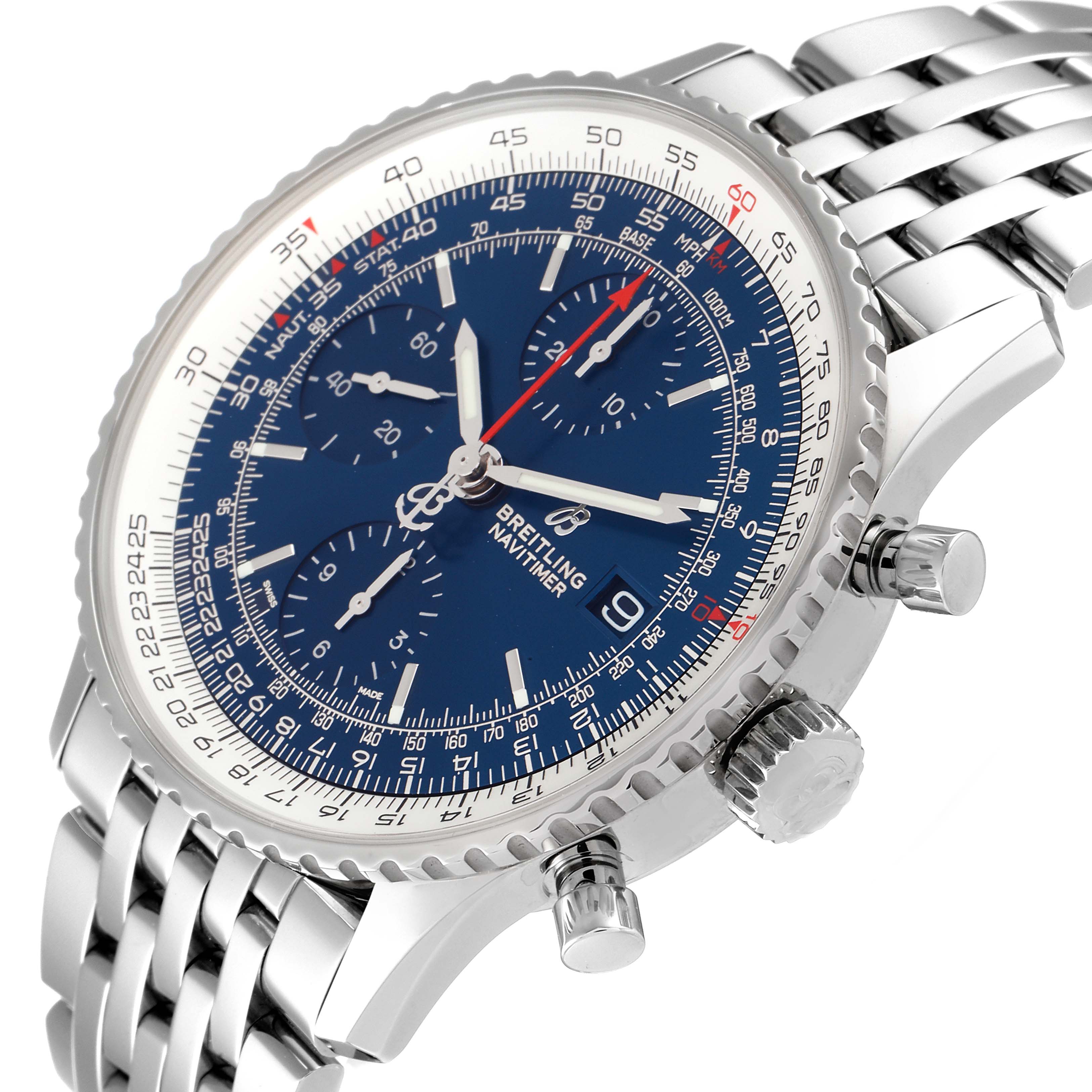 The image shows a close-up angle of the Breitling Navitimer A13324 Men
s Stainless Steel Blue Dial A13324 Men
s Stainless Steel Blue Dial watch, highlighting its dial, bezel, crown, pushers, and bracelet.
