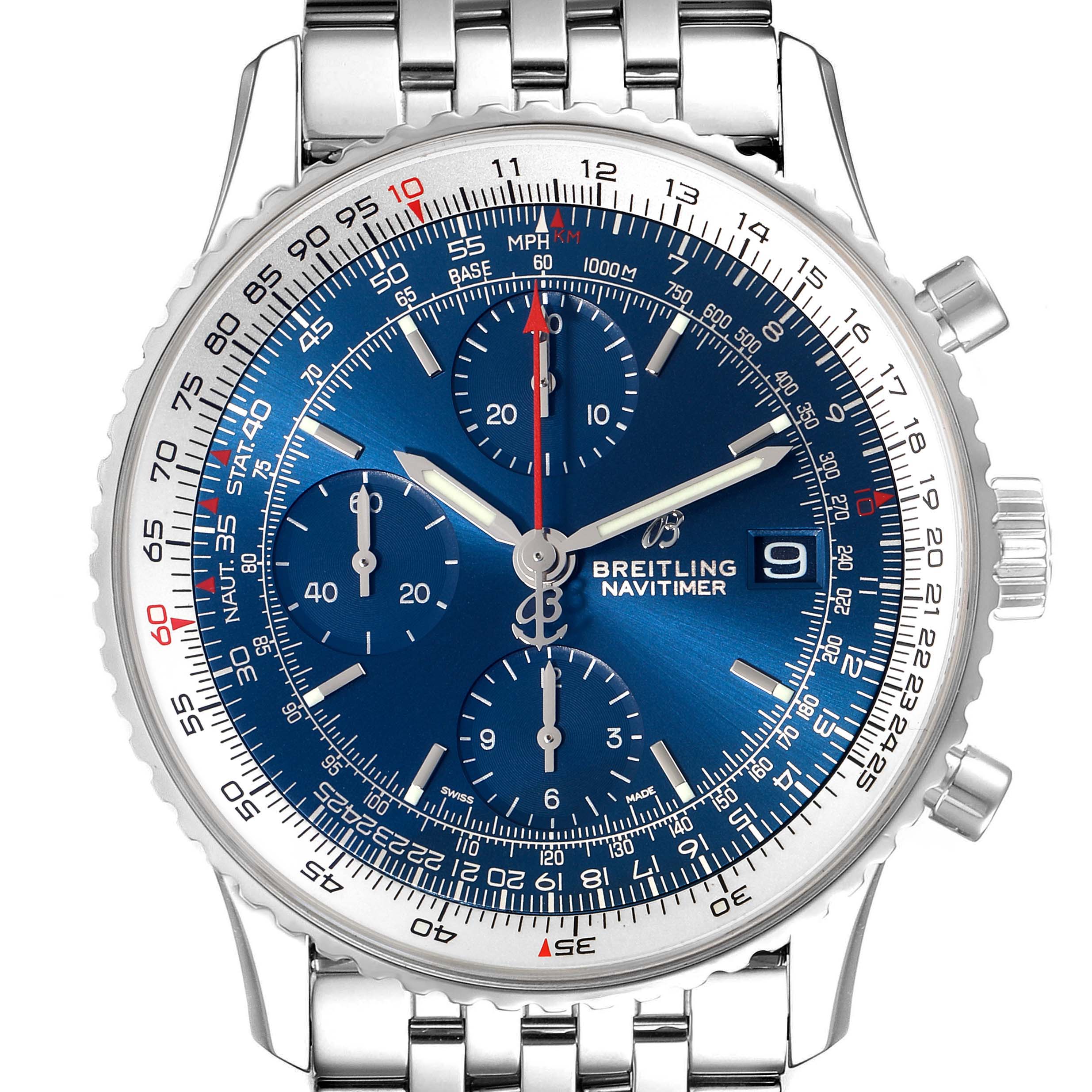 The image shows a frontal view of the Breitling Navitimer A13324 Men
s Stainless Steel Blue Dial A13324 Men
s Stainless Steel Blue Dial watch, displaying its blue dial, chronograph subdials, and steel bracelet.
