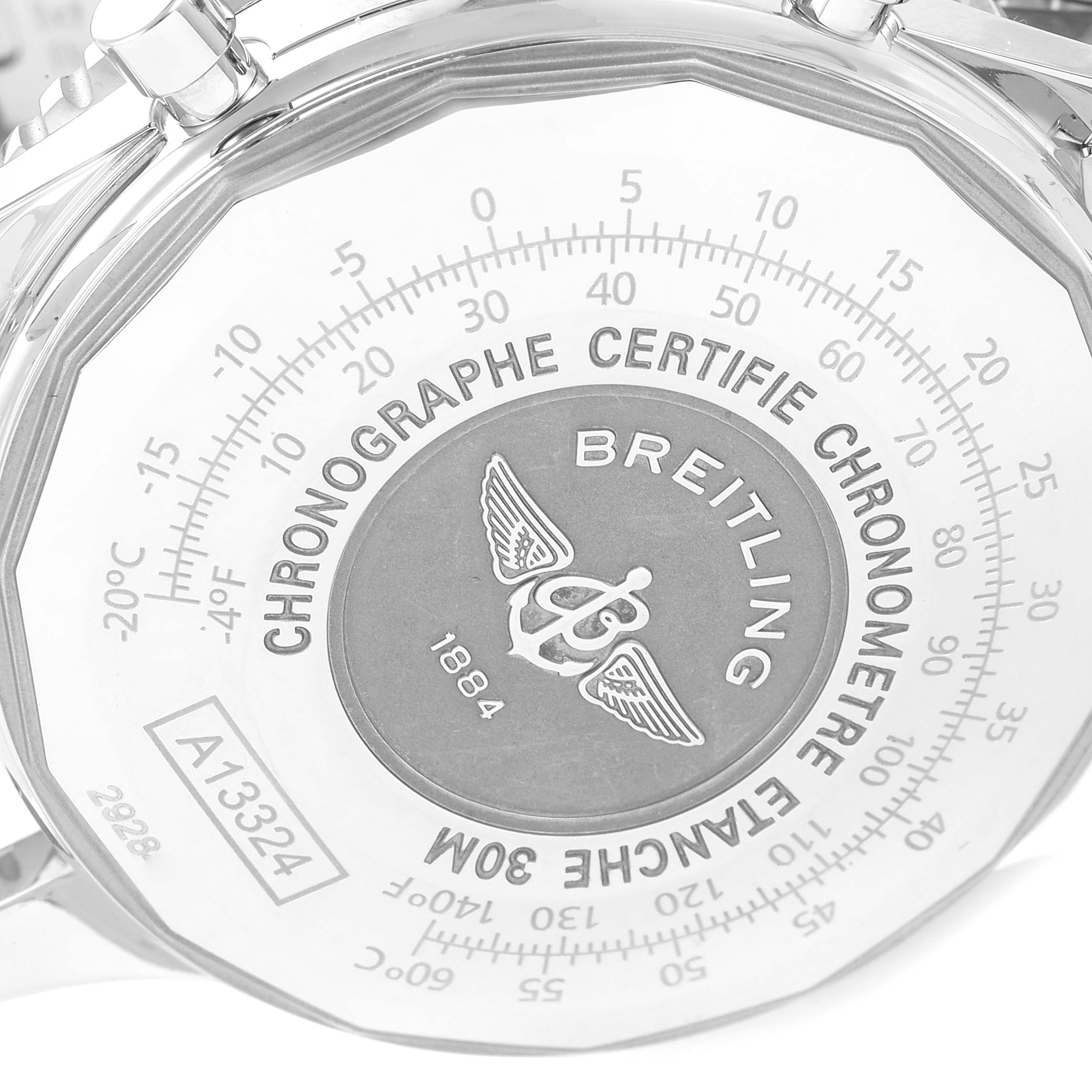 This image shows the back of a Breitling Navitimer A13324 Men
s Stainless Steel Blue Dial A13324 Men
s Stainless Steel Blue Dial watch, featuring the brand logo and certification details.