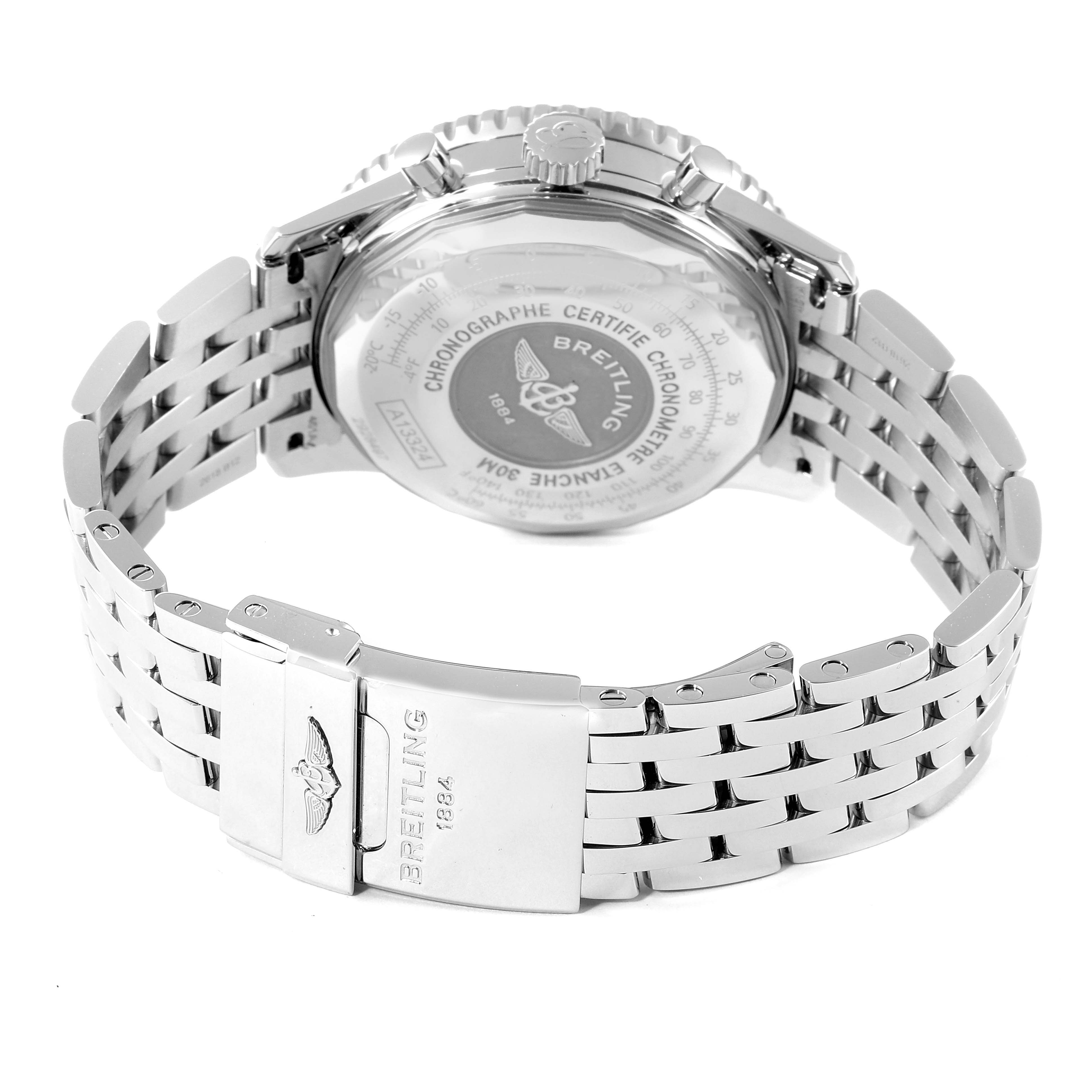 The image shows the back and bracelet of a Breitling Navitimer A13324 Men
s Stainless Steel Blue Dial A13324 Men
s Stainless Steel Blue Dial, including the clasp and engraved case back.
