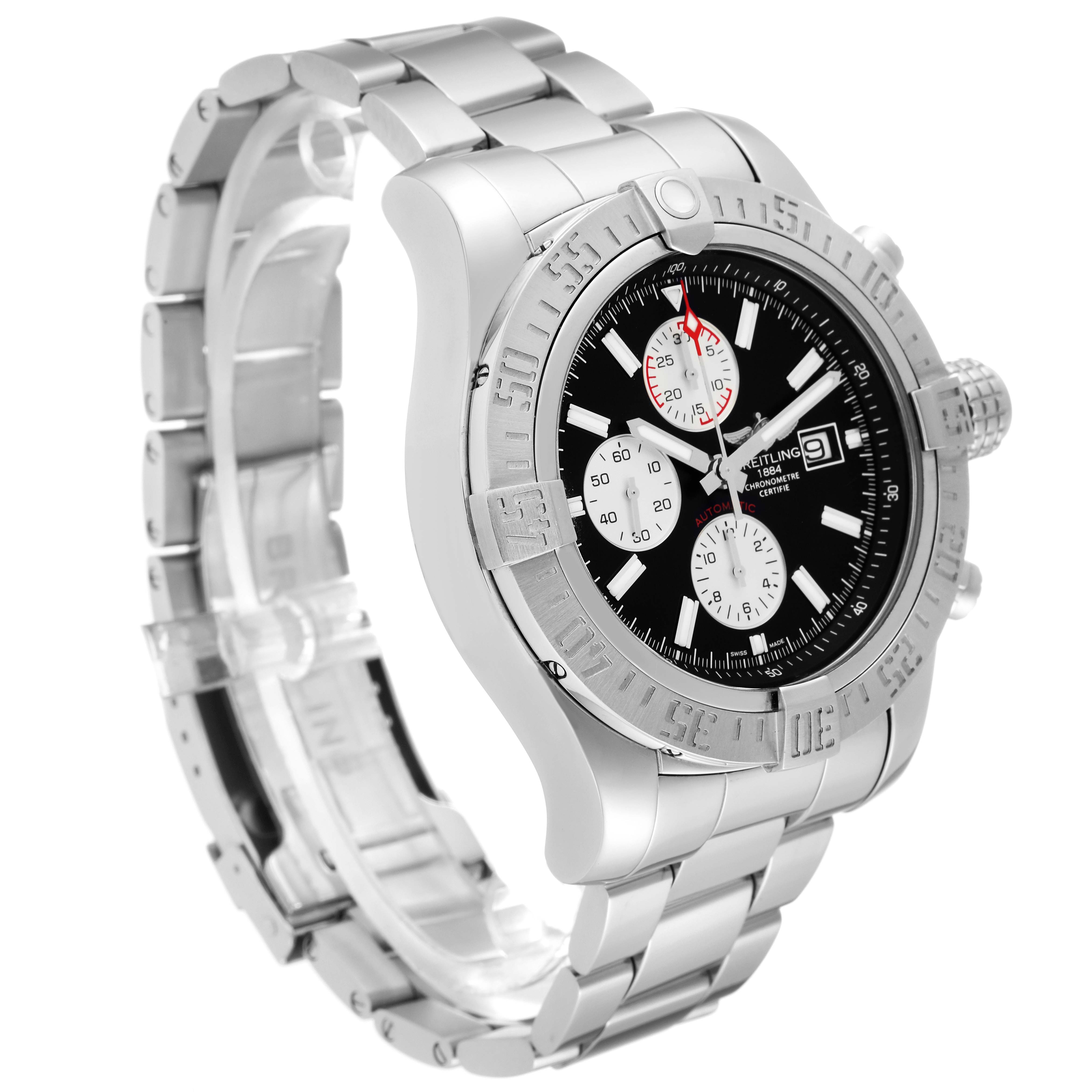 This image shows a Breitling Avenger A13371 Men's Stainless Steel Black Dial A13371 Men's Stainless Steel Black Dial watch at a three-quarter angle, highlighting the bracelet, case, bezel, and dial with subdials.