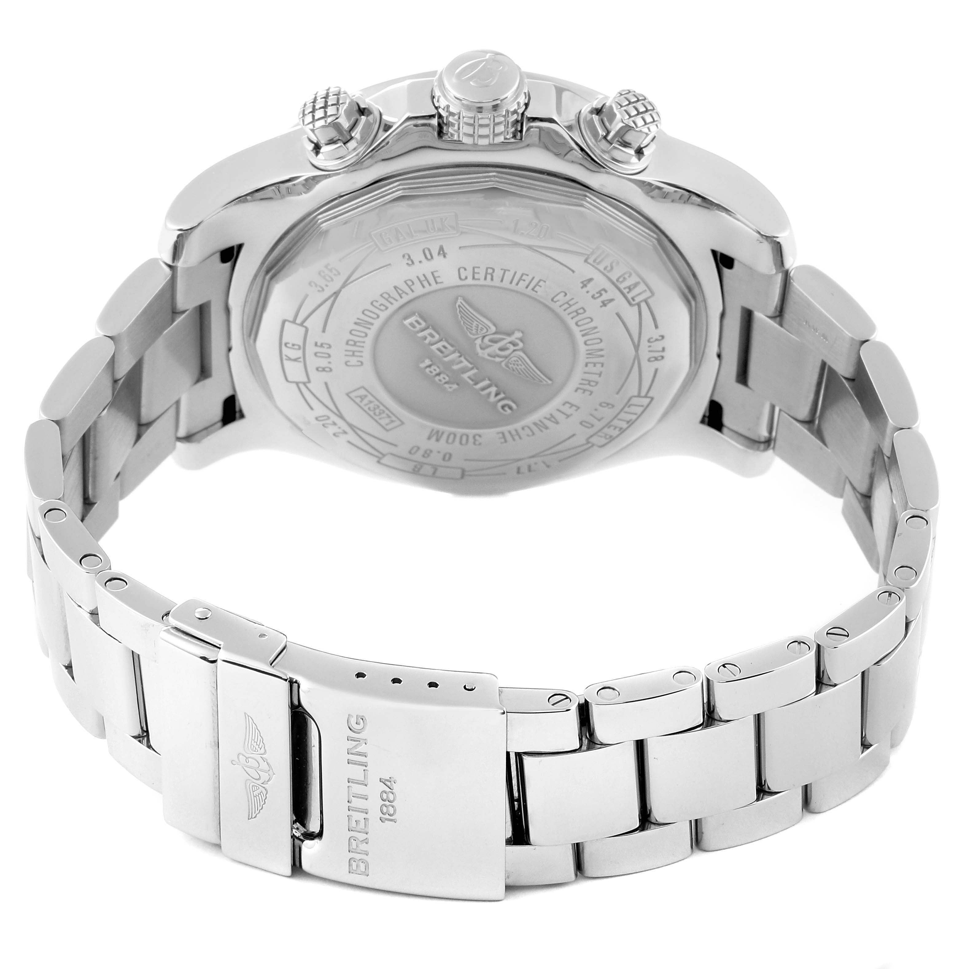 The image shows the back and clasp of the Breitling Avenger A13371 Men's Stainless Steel Black Dial A13371 Men's Stainless Steel Black Dial watch at an angle that highlights its polished bracelet and engraved case back.