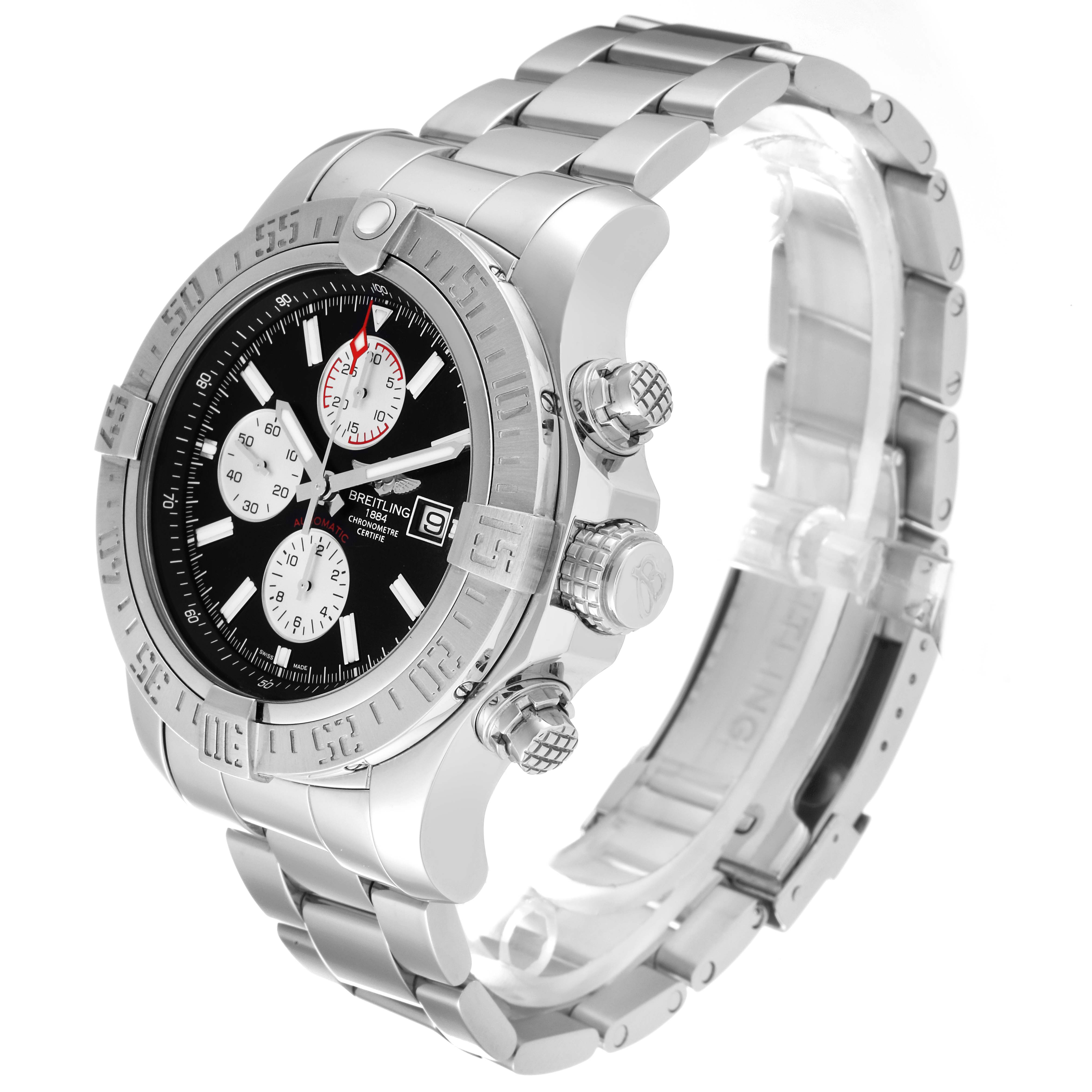 The image displays a Breitling Avenger A13371 Men's Stainless Steel Black Dial A13371 Men's Stainless Steel Black Dial watch at a 3/4 angle, showcasing the face, bezel, crown, pushers, and bracelet.