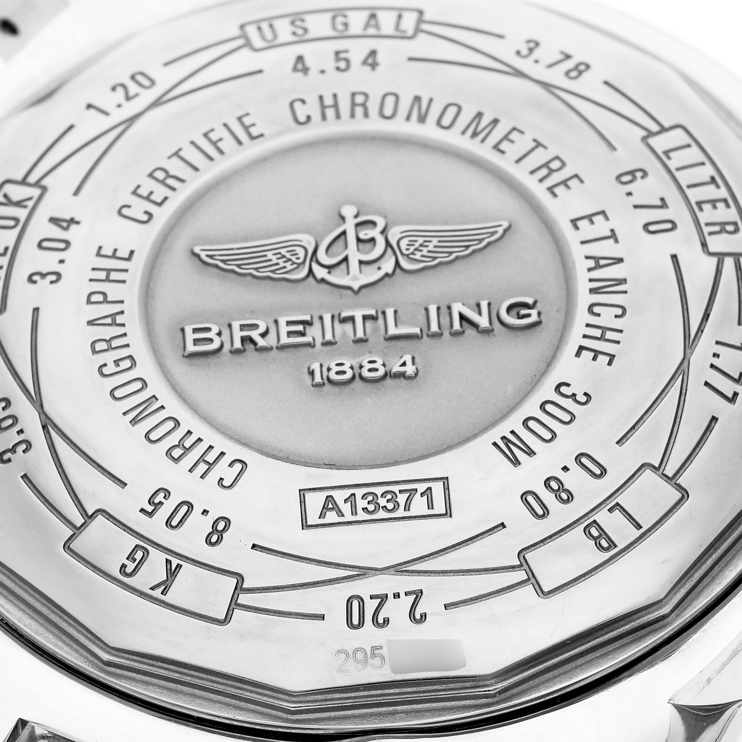 The image shows the back case of a Breitling Avenger A13371 Men's Stainless Steel Black Dial A13371 Men's Stainless Steel Black Dial watch, featuring model details and brand engraving.