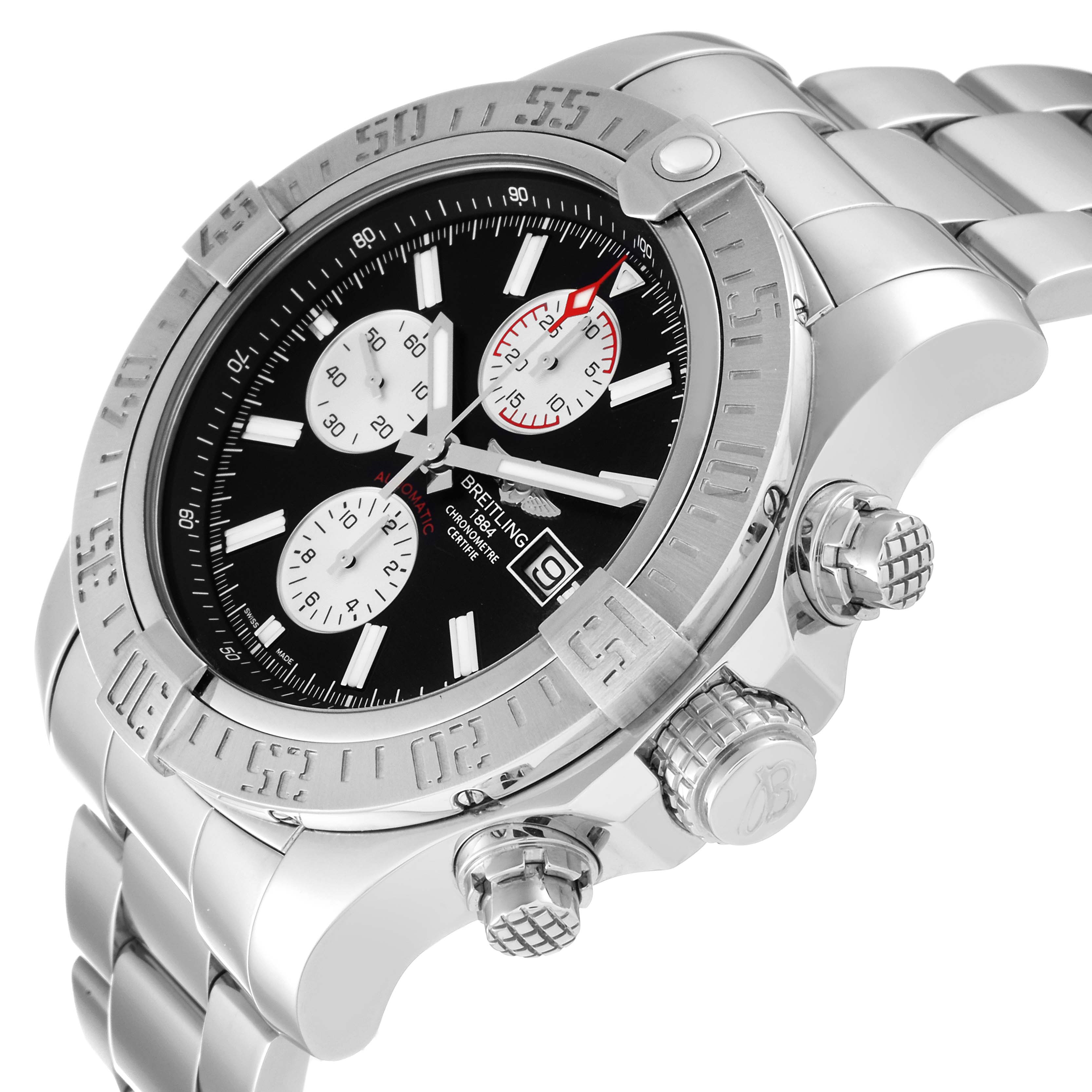 The Breitling Avenger A13371 Men's Stainless Steel Black Dial A13371 Men's Stainless Steel Black Dial watch is shown at a slight angle, displaying the bezel, dial, subdials, date window, and crown with pushers.