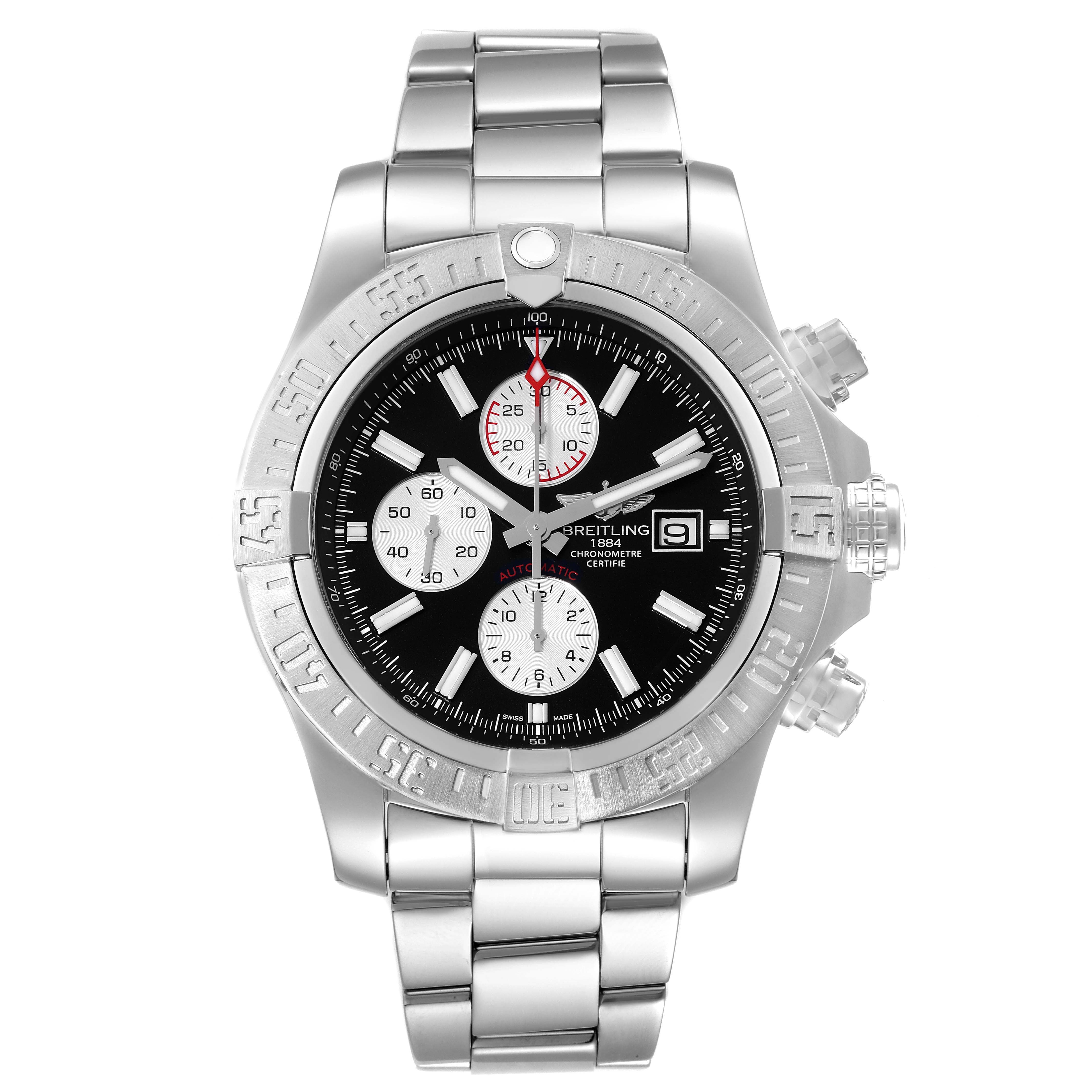 This image shows a front view of a Breitling Avenger A13371 Men's Stainless Steel Black Dial A13371 Men's Stainless Steel Black Dial watch, displaying its black dial, stainless steel band, and chronograph subdials.