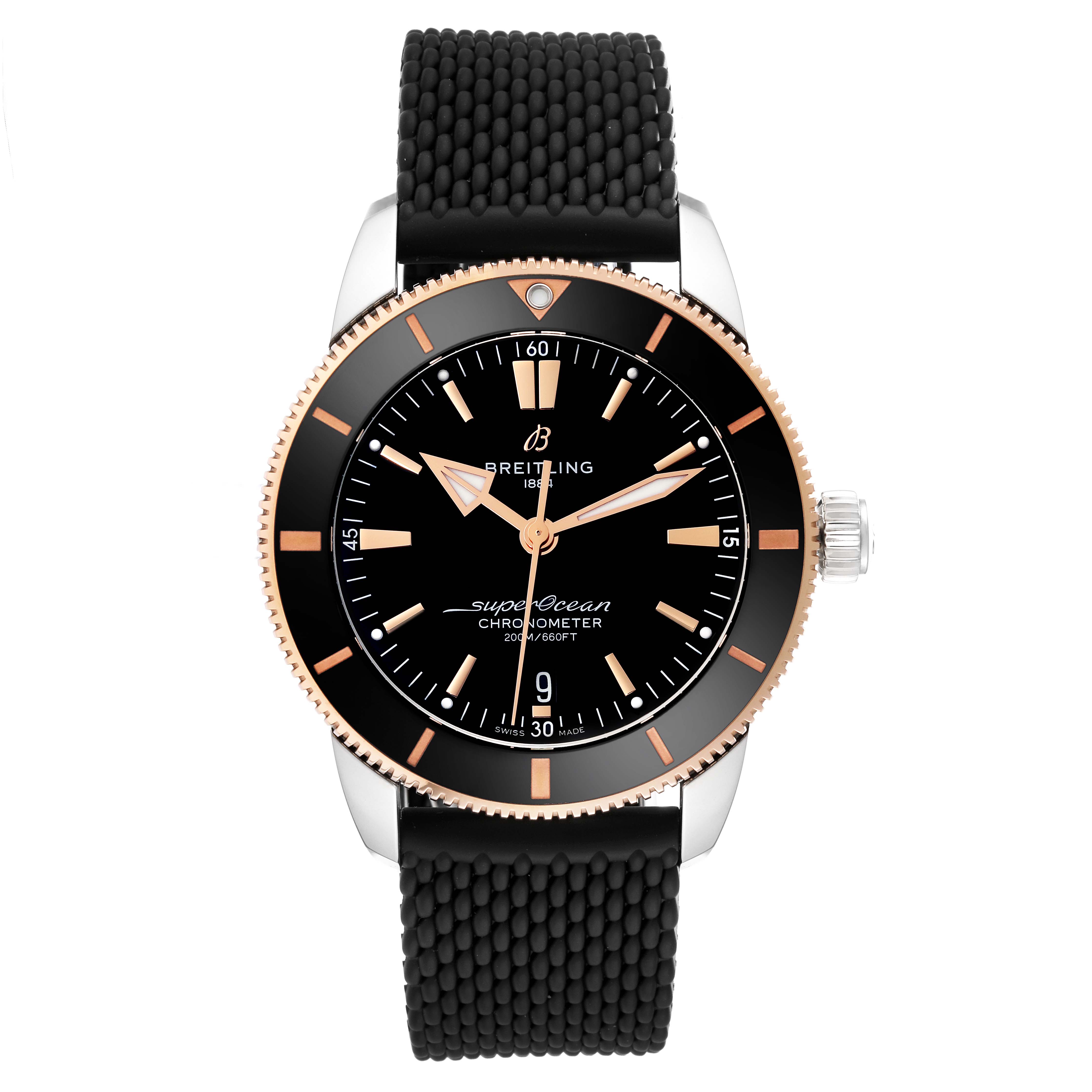 The Breitling Superocean UB2030121B1S1 Men's Steel and Gold (two tone) Black Dial UB2030121B1S1 Men's Steel and Gold (two tone) Black Dial watch is shown from a front-view angle, highlighting its face, bezel, and strap.