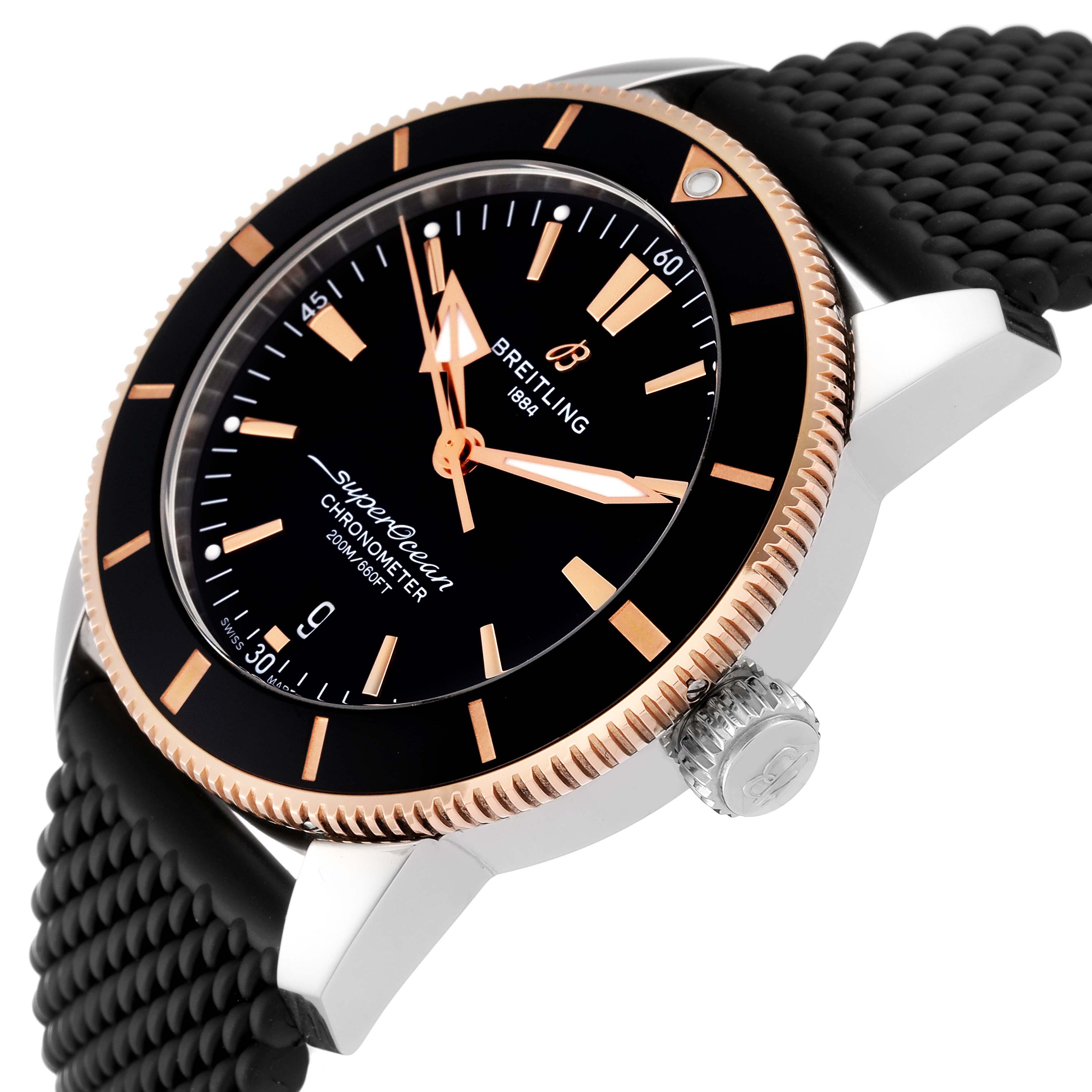 The Breitling Superocean UB2030121B1S1 Men's Steel and Gold (two tone) Black Dial UB2030121B1S1 Men's Steel and Gold (two tone) Black Dial watch is shown at an angle, highlighting its face, bezel, crown, and part of the strap.