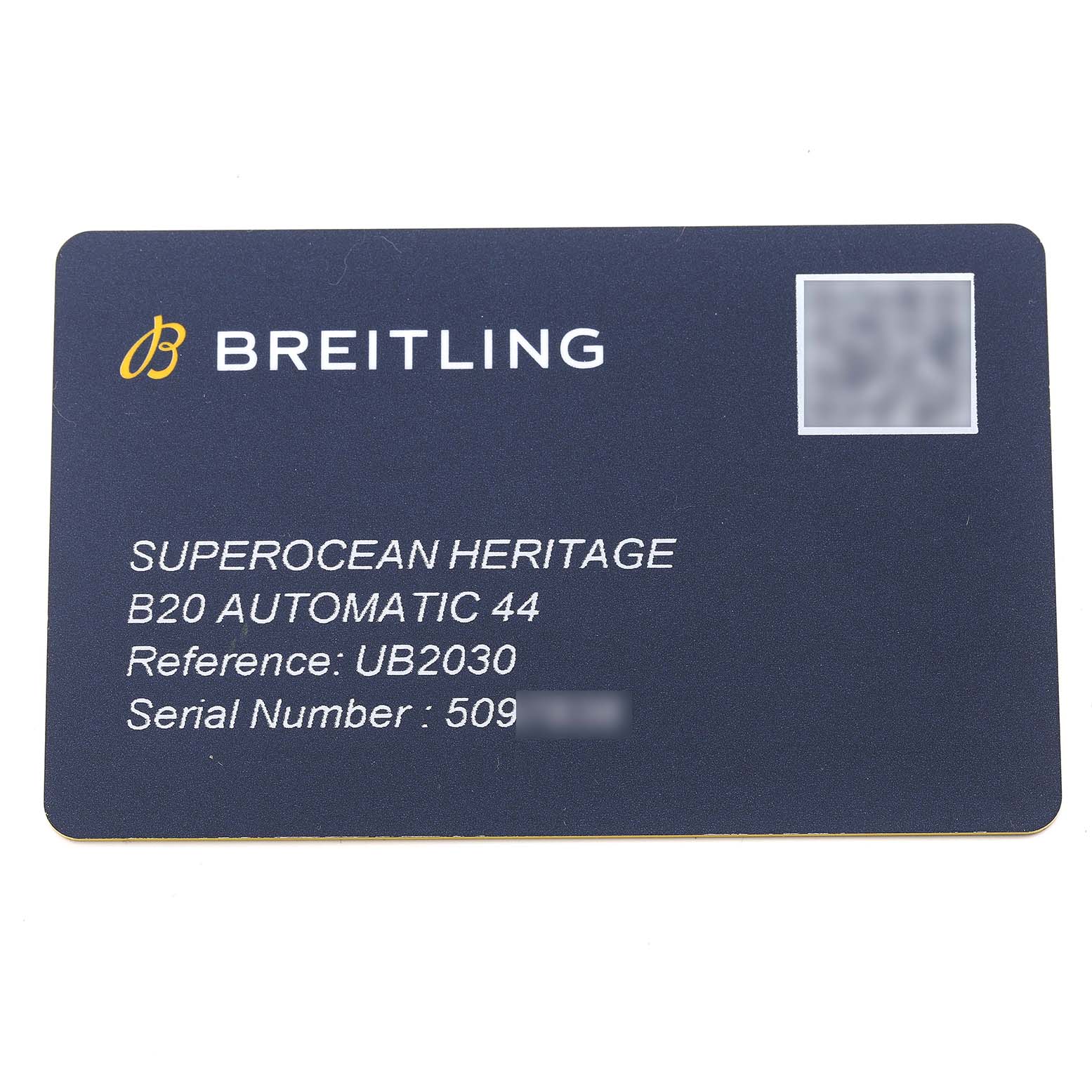 This image shows the identification card for the Breitling Superocean UB2030121B1S1 Men's Steel and Gold (two tone) Black Dial UB2030121B1S1 Men's Steel and Gold (two tone) Black Dial Heritage B20 Automatic 44.
