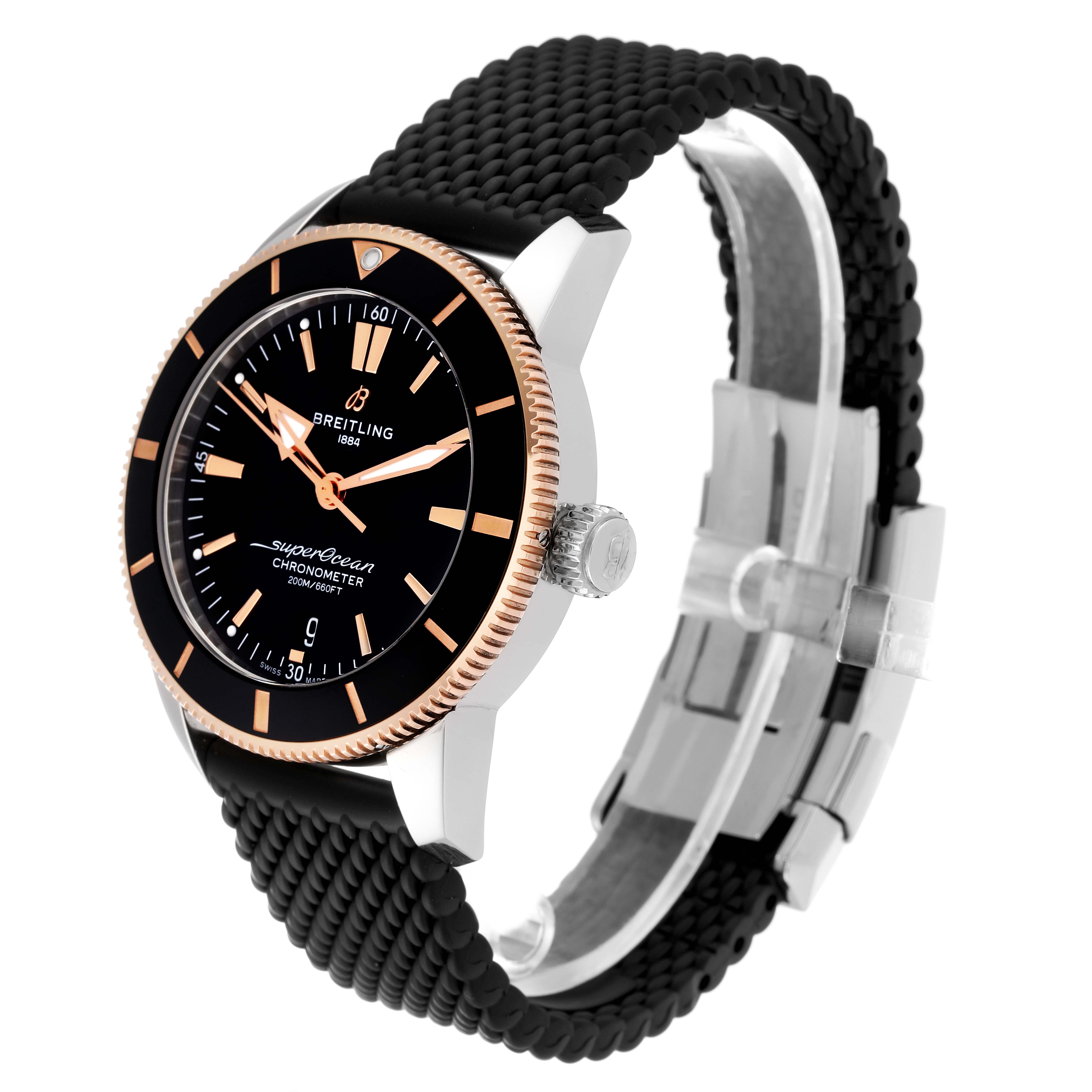 This Breitling Superocean UB2030121B1S1 Men's Steel and Gold (two tone) Black Dial UB2030121B1S1 Men's Steel and Gold (two tone) Black Dial watch is shown at an angled side view, displaying the face, bezel, crown, and strap.