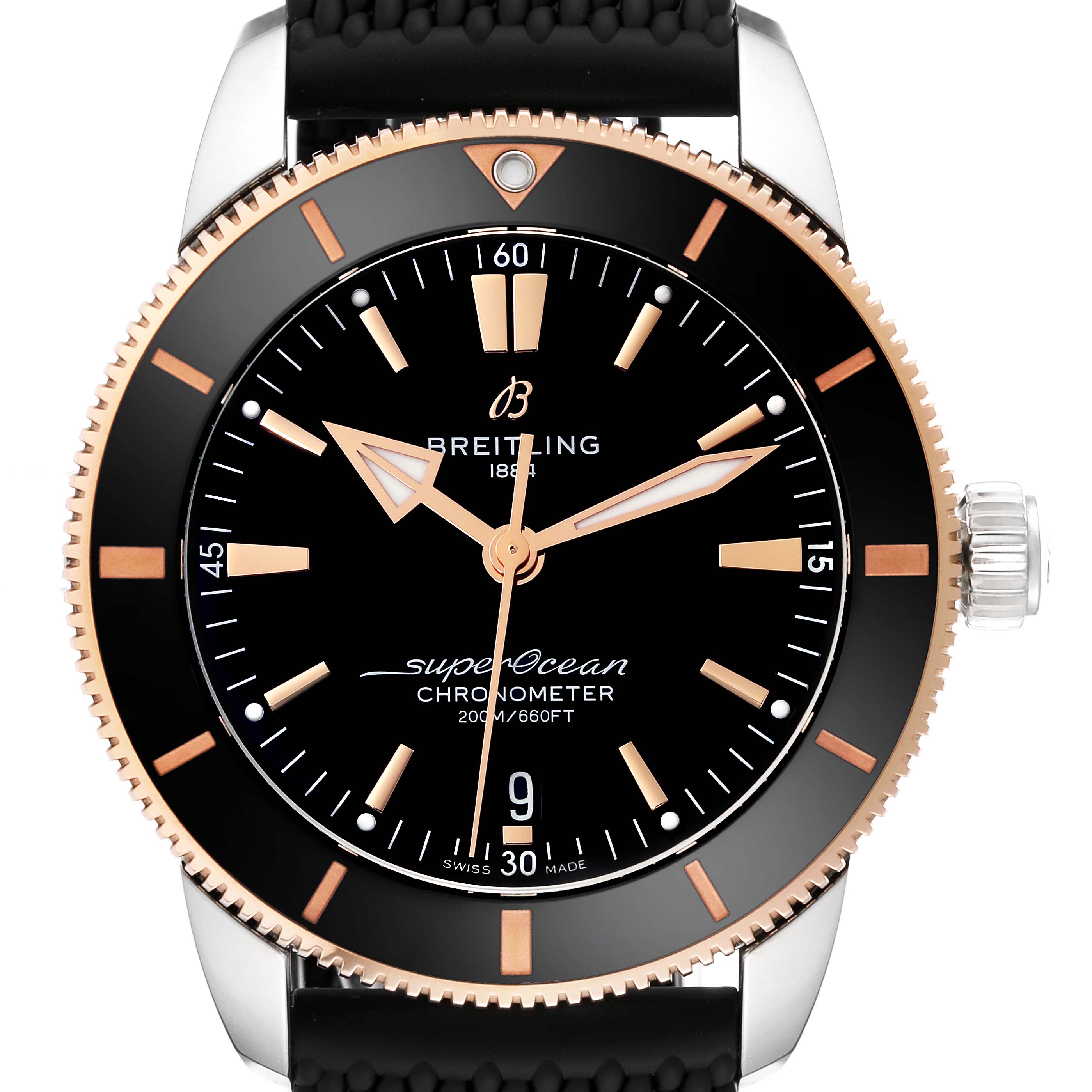 The image shows a front view of the Breitling Superocean UB2030121B1S1 Men's Steel and Gold (two tone) Black Dial UB2030121B1S1 Men's Steel and Gold (two tone) Black Dial watch, highlighting its black dial, bezel, and rubber strap.