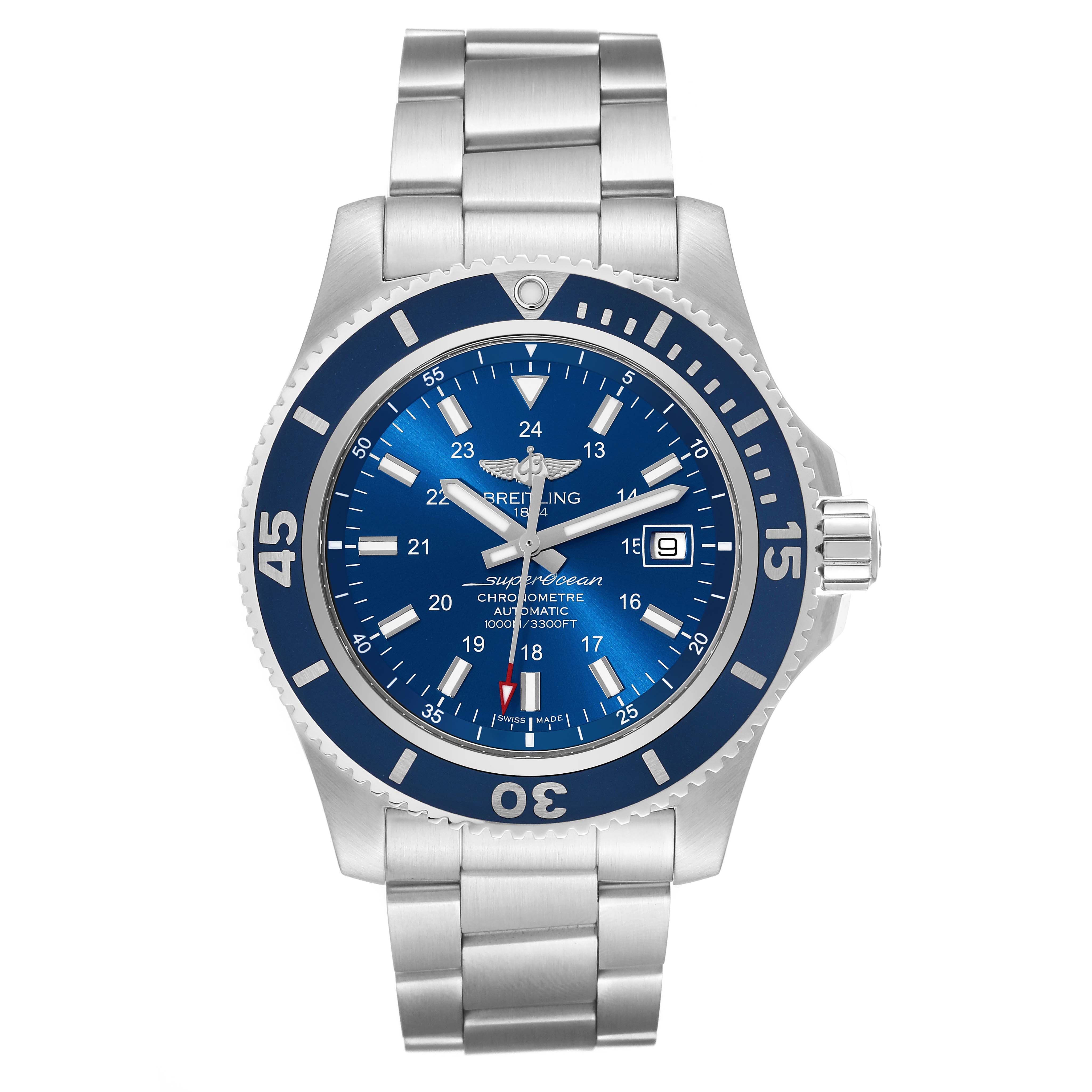 This image shows a front view of a Breitling Superocean A17392 Men's Stainless Steel Blue Dial A17392 Men's Stainless Steel Blue Dial watch, displaying its blue dial, bezel, case, and bracelet.