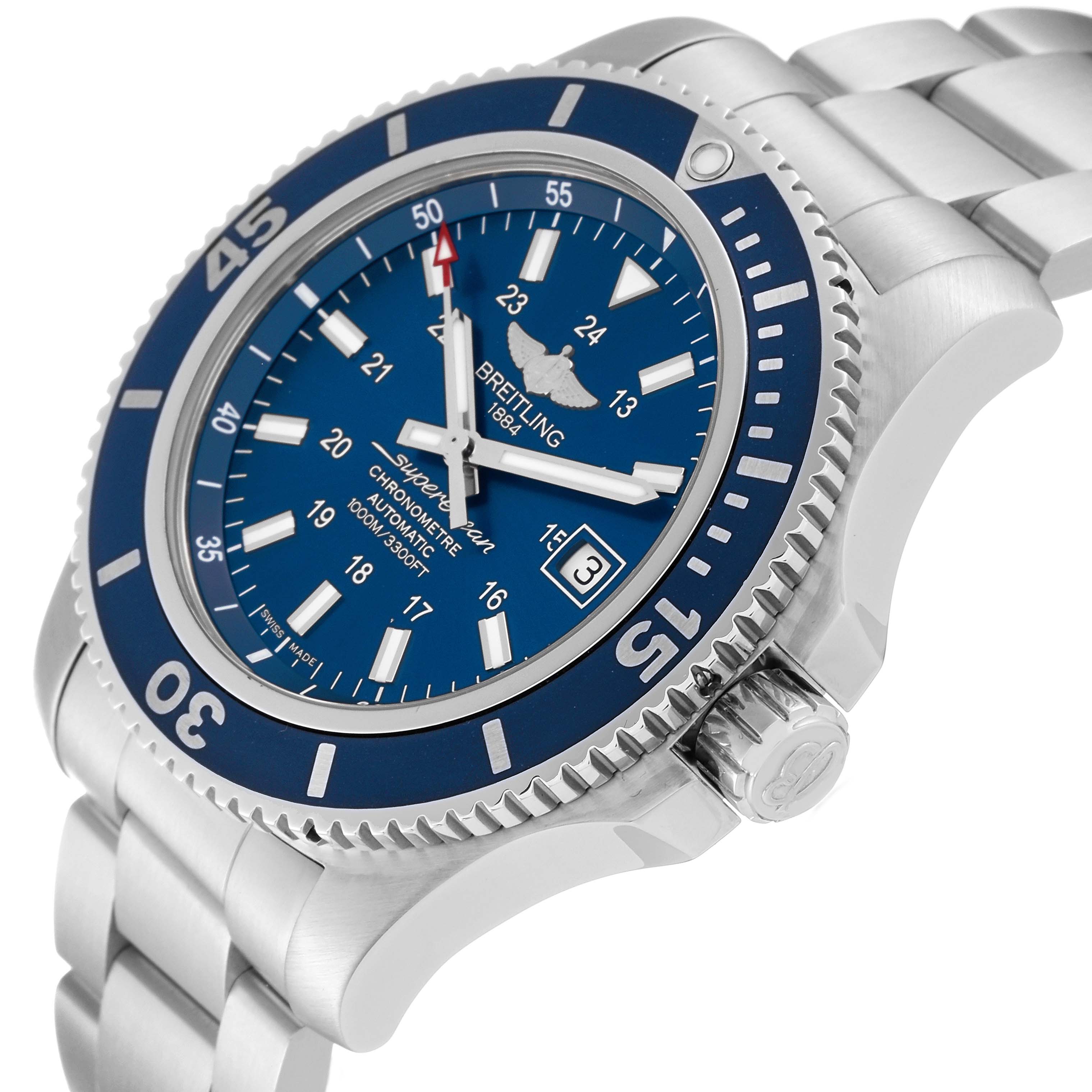 The image shows a Breitling Superocean A17392 Men's Stainless Steel Blue Dial A17392 Men's Stainless Steel Blue Dial watch at an angle highlighting its blue dial, bezel, crown, and part of the metal bracelet.