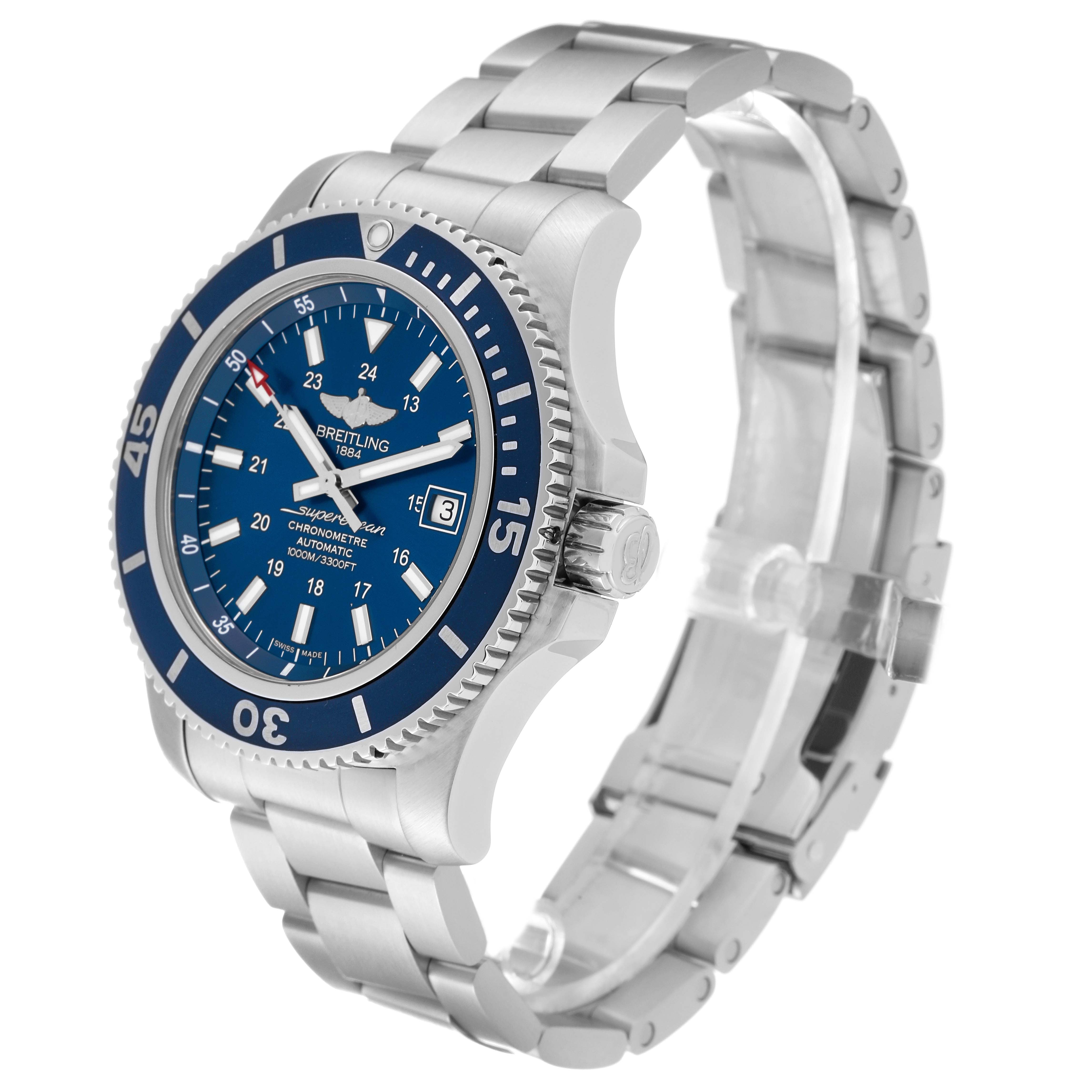 The Breitling Superocean A17392 Men's Stainless Steel Blue Dial A17392 Men's Stainless Steel Blue Dial watch is shown at an angle that highlights the face, bezel, crown, and metal bracelet.