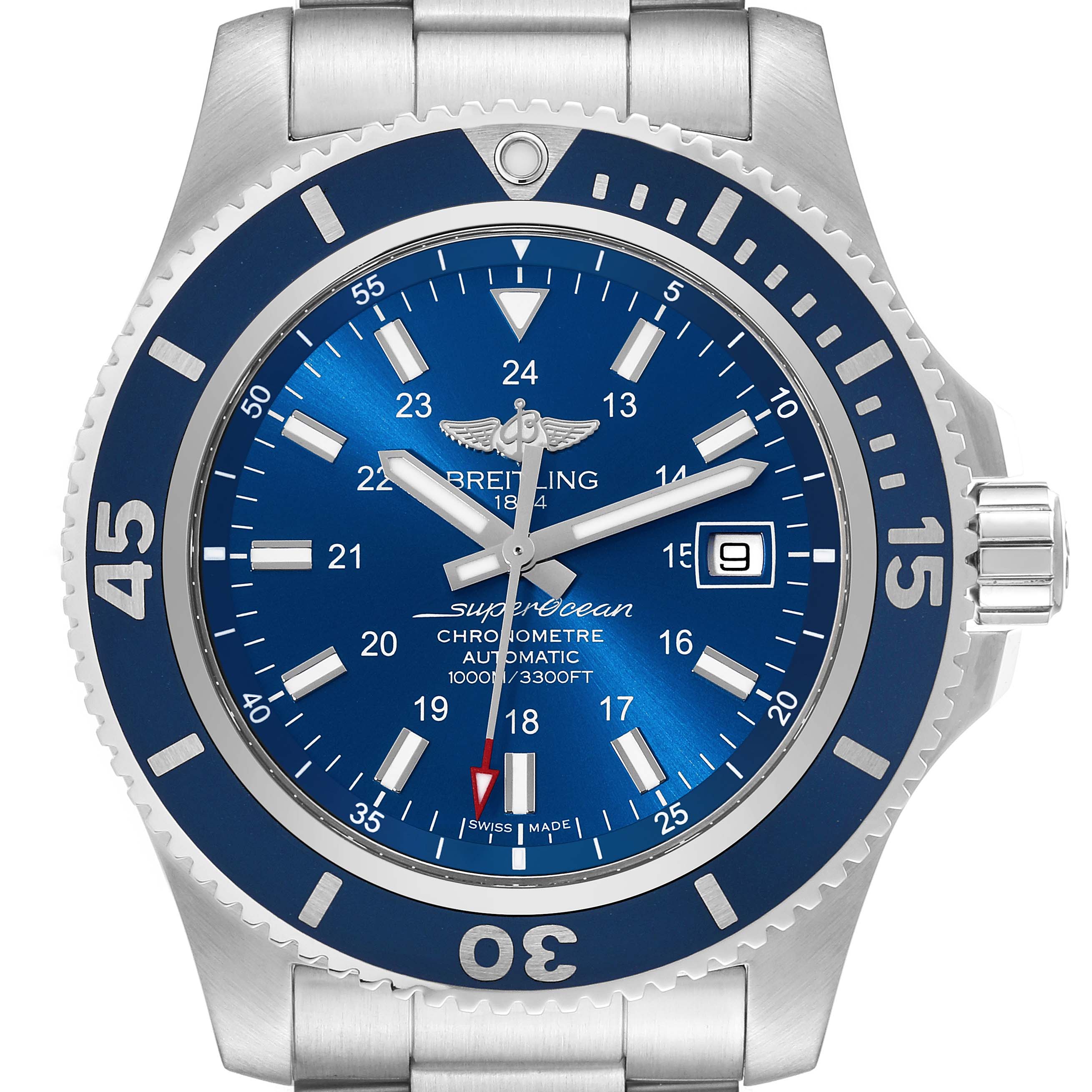 The image shows a front view of the Breitling Superocean A17392 Men's Stainless Steel Blue Dial A17392 Men's Stainless Steel Blue Dial watch, highlighting the blue dial, bezel, crown, and part of the bracelet.