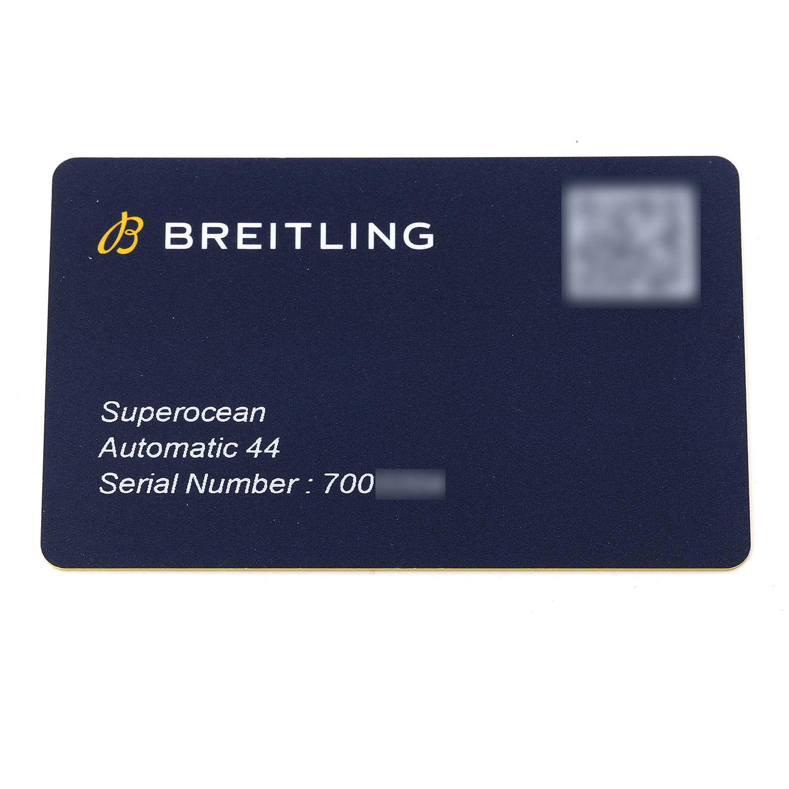 This image shows a Breitling Superocean A17392 Men's Stainless Steel Blue Dial A17392 Men's Stainless Steel Blue Dial Automatic 44 warranty card, displaying the brand, model, and serial number.
