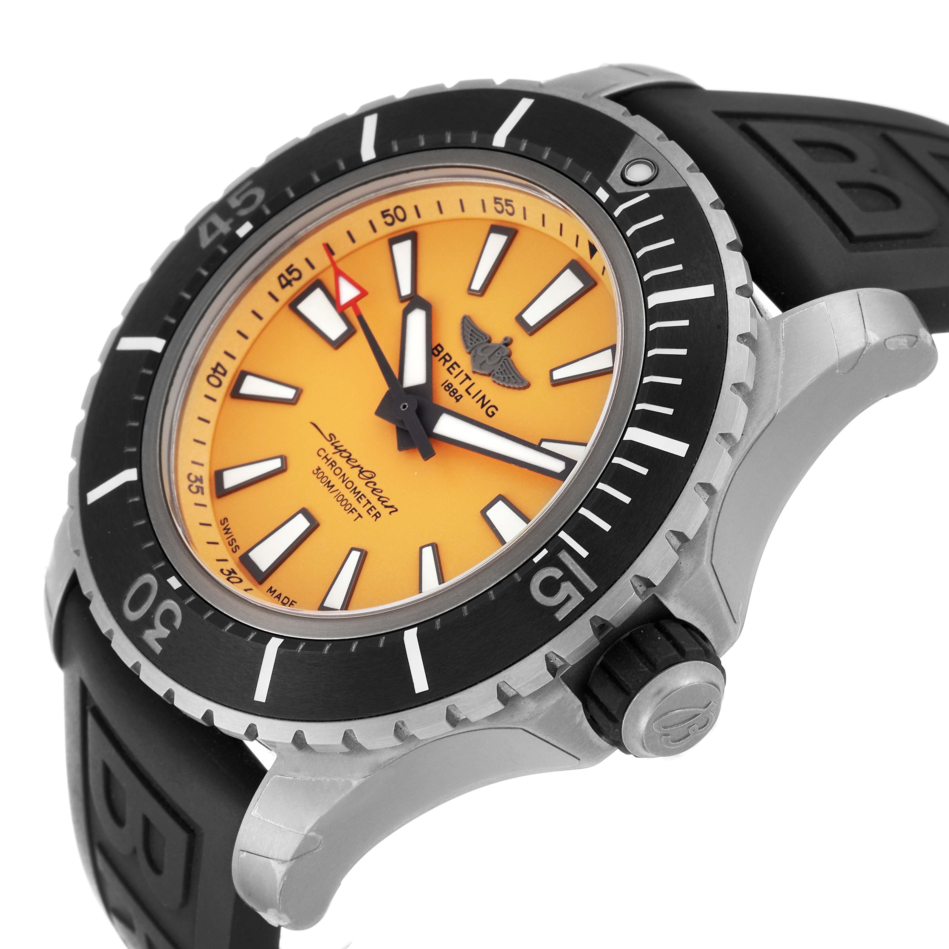 This Breitling Superocean E17369241I1S1 Men
s Titanium Yellow Dial E17369241I1S1 Men
s Titanium Yellow Dial watch is shown from a slightly angled side view, highlighting the bezel, crown, and vibrant yellow dial.