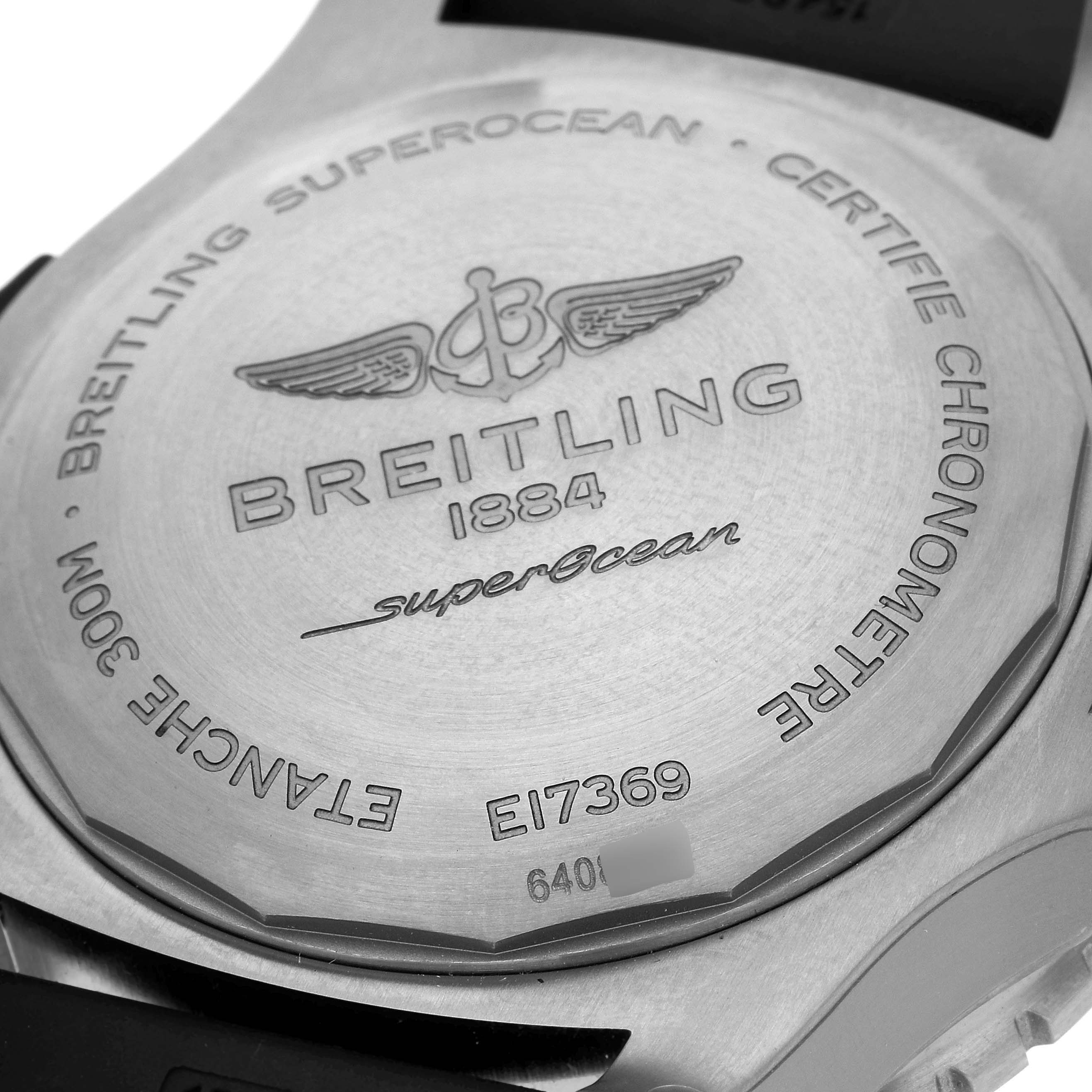 The image shows the caseback of a Breitling Superocean E17369241I1S1 Men
s Titanium Yellow Dial E17369241I1S1 Men
s Titanium Yellow Dial watch, displaying its engravings and model information.