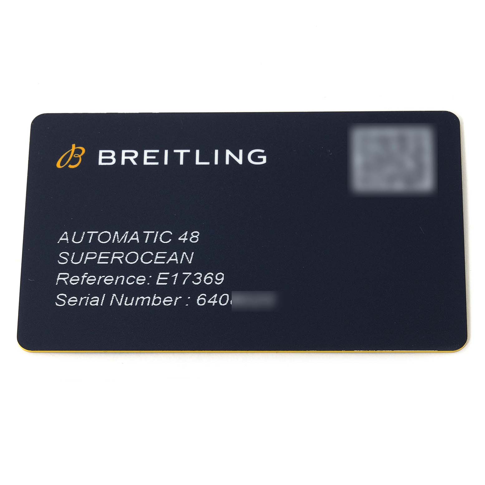 This image shows the Best Quality
ity card for the Breitling Superocean E17369241I1S1 Men
s Titanium Yellow Dial E17369241I1S1 Men
s Titanium Yellow Dial model, displaying the brand name, model, reference number, and serial number.