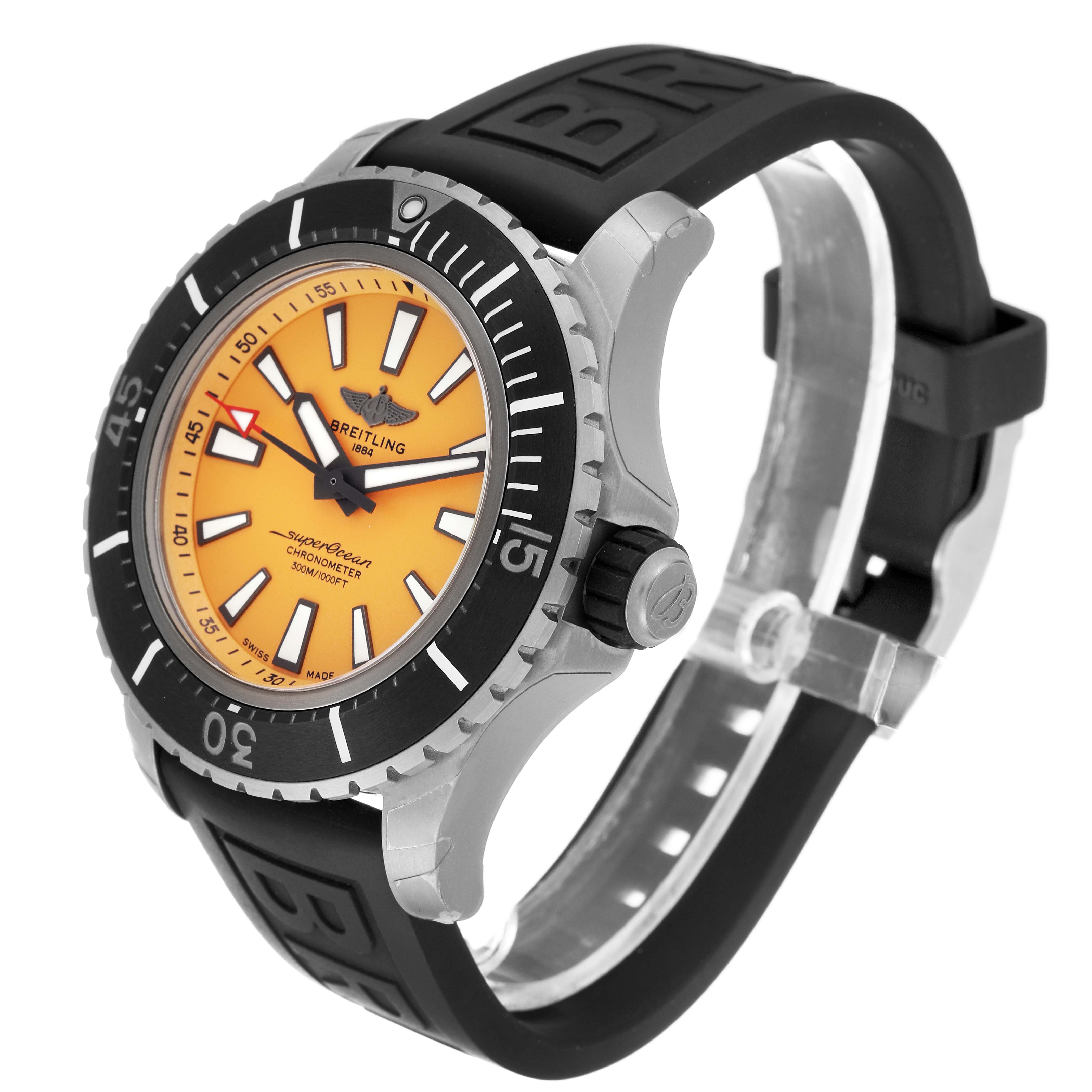 This Breitling Superocean E17369241I1S1 Men
s Titanium Yellow Dial E17369241I1S1 Men
s Titanium Yellow Dial watch is shown at an angled side view, featuring its orange dial, black bezel, and black strap.
