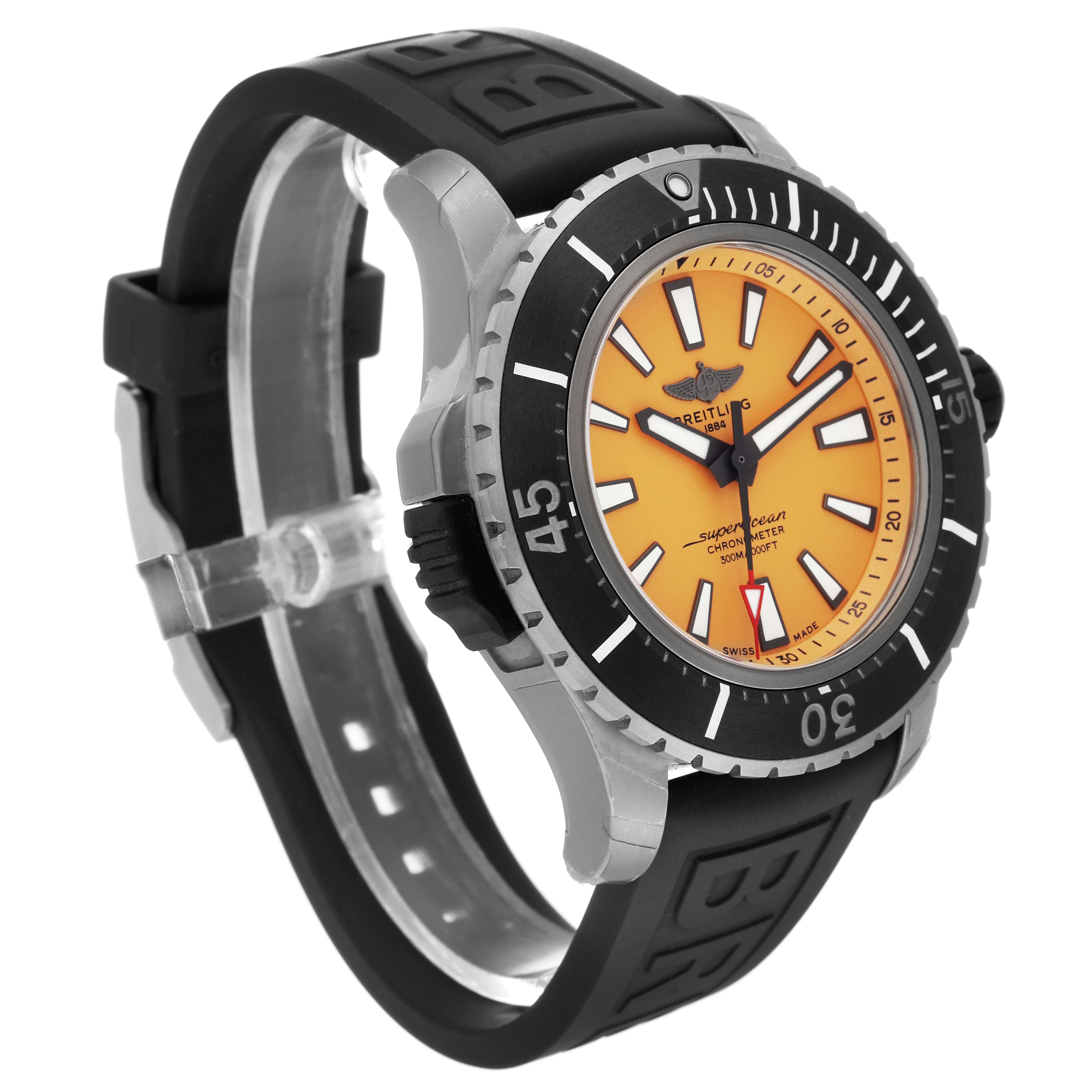 The Breitling Superocean E17369241I1S1 Men
s Titanium Yellow Dial E17369241I1S1 Men
s Titanium Yellow Dial watch is shown at a three-quarter angle highlighting the bezel, dial, and rubber strap.