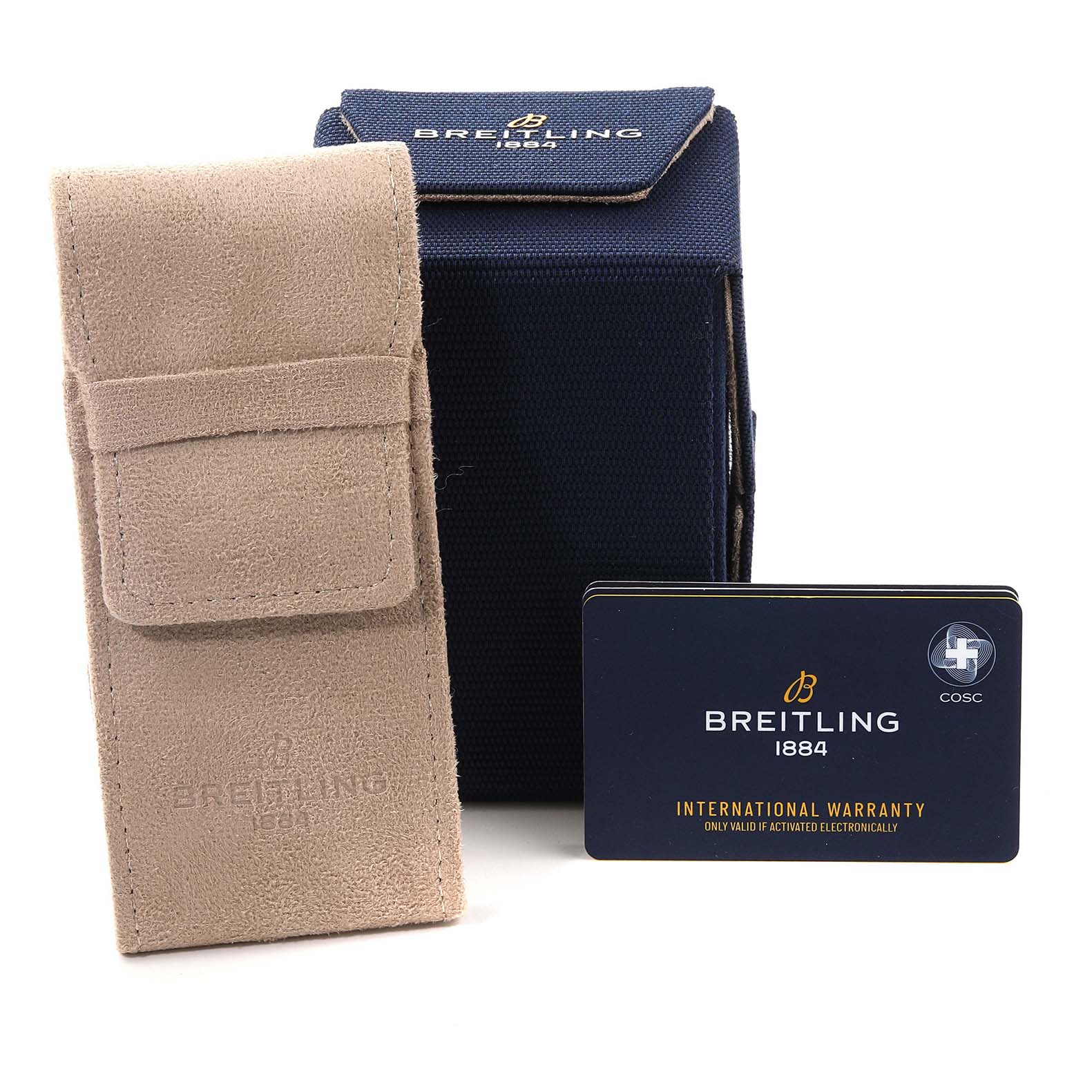 The image shows packaging and warranty card for a Breitling Superocean E17369241I1S1 Men
s Titanium Yellow Dial E17369241I1S1 Men
s Titanium Yellow Dial watch, including a beige pouch and a blue box.