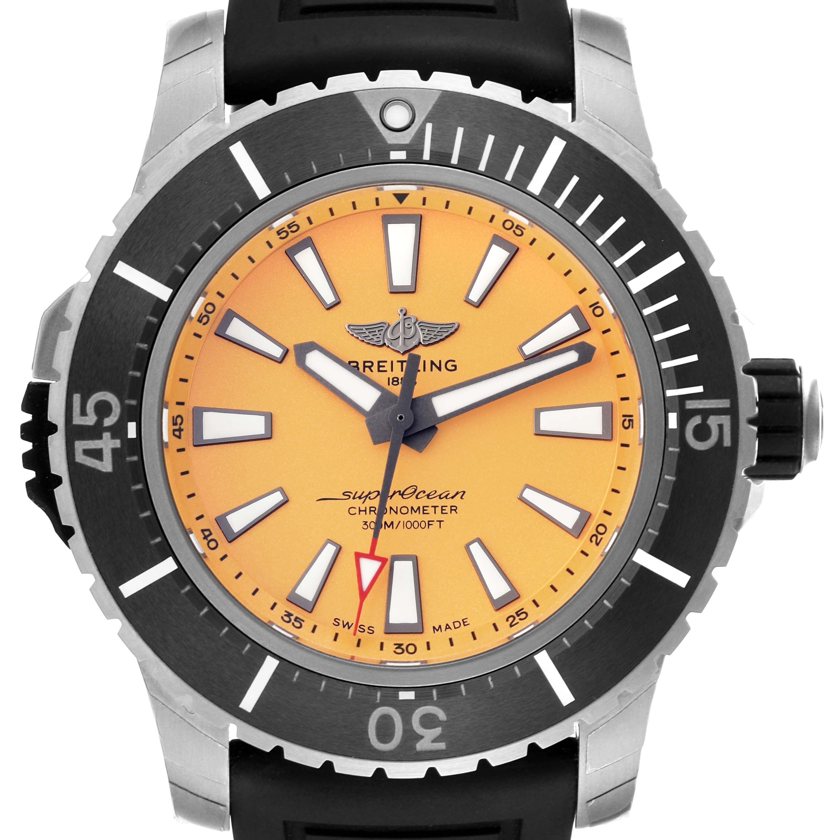 The image shows a front view of the Breitling Superocean E17369241I1S1 Men
s Titanium Yellow Dial E17369241I1S1 Men
s Titanium Yellow Dial watch, highlighting its face, bezel, and strap.