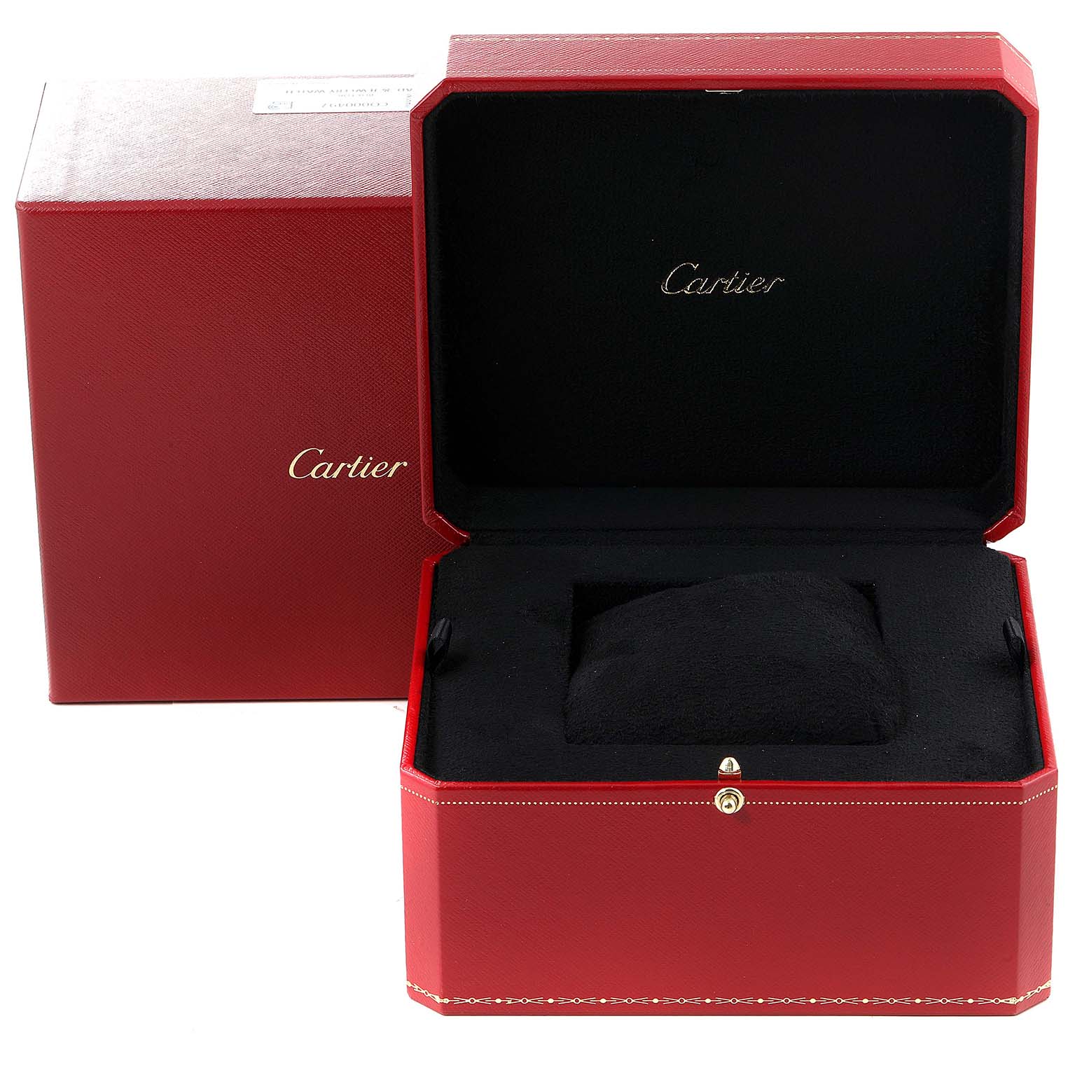 The image shows an open Cartier watch box for the Ballon Bleu model, revealing the interior pillow and packaging.