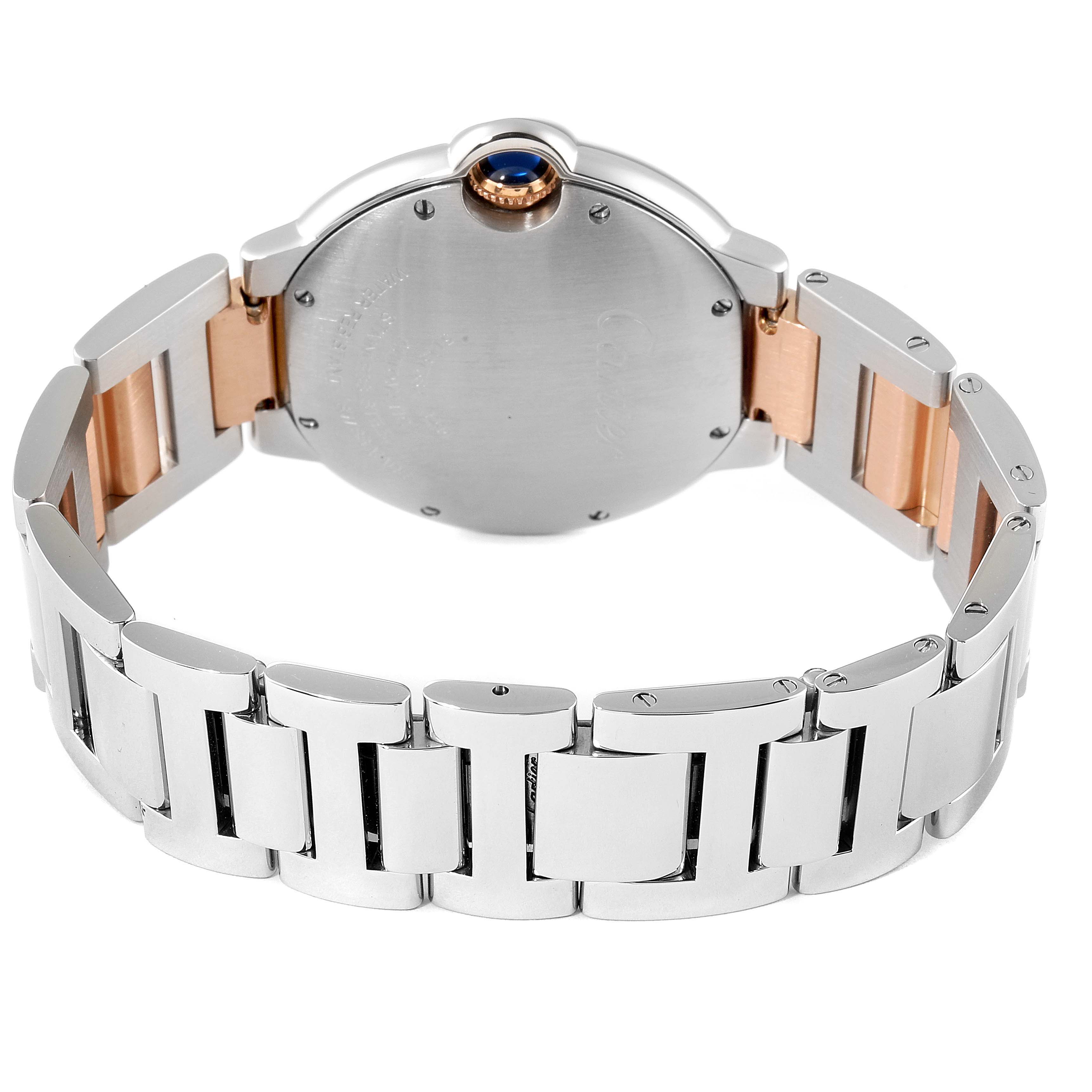 This image shows the back side of the Cartier Ballon Bleu WE902031 Women
s Steel and Gold (two tone) Silver Dial WE902031 Women
s Steel and Gold (two tone) Silver Dial watch, highlighting its bracelet and case back.