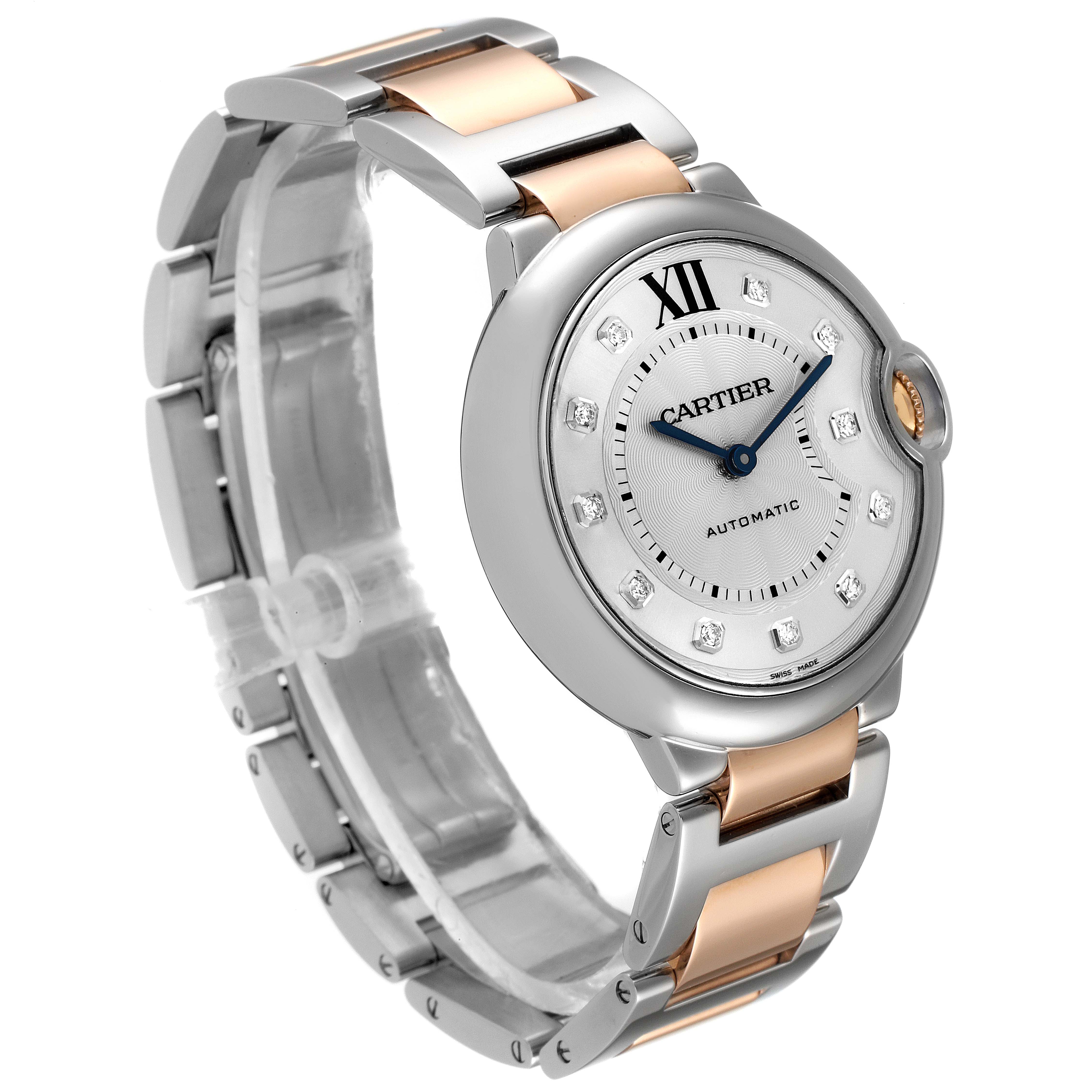 The image shows a side-angle view of a Ballon Bleu model by Cartier, highlighting its band and face with Roman numeral and diamond markers.