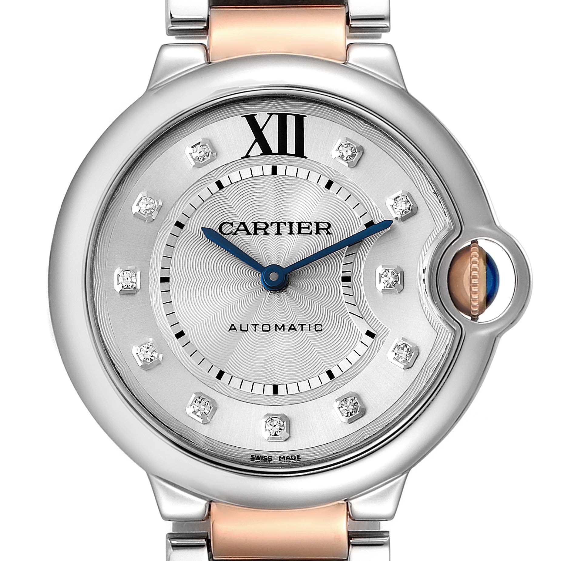 This image shows a close-up of a Ballon Bleu watch by Cartier, displaying the watch face, hands, and part of the bracelet.