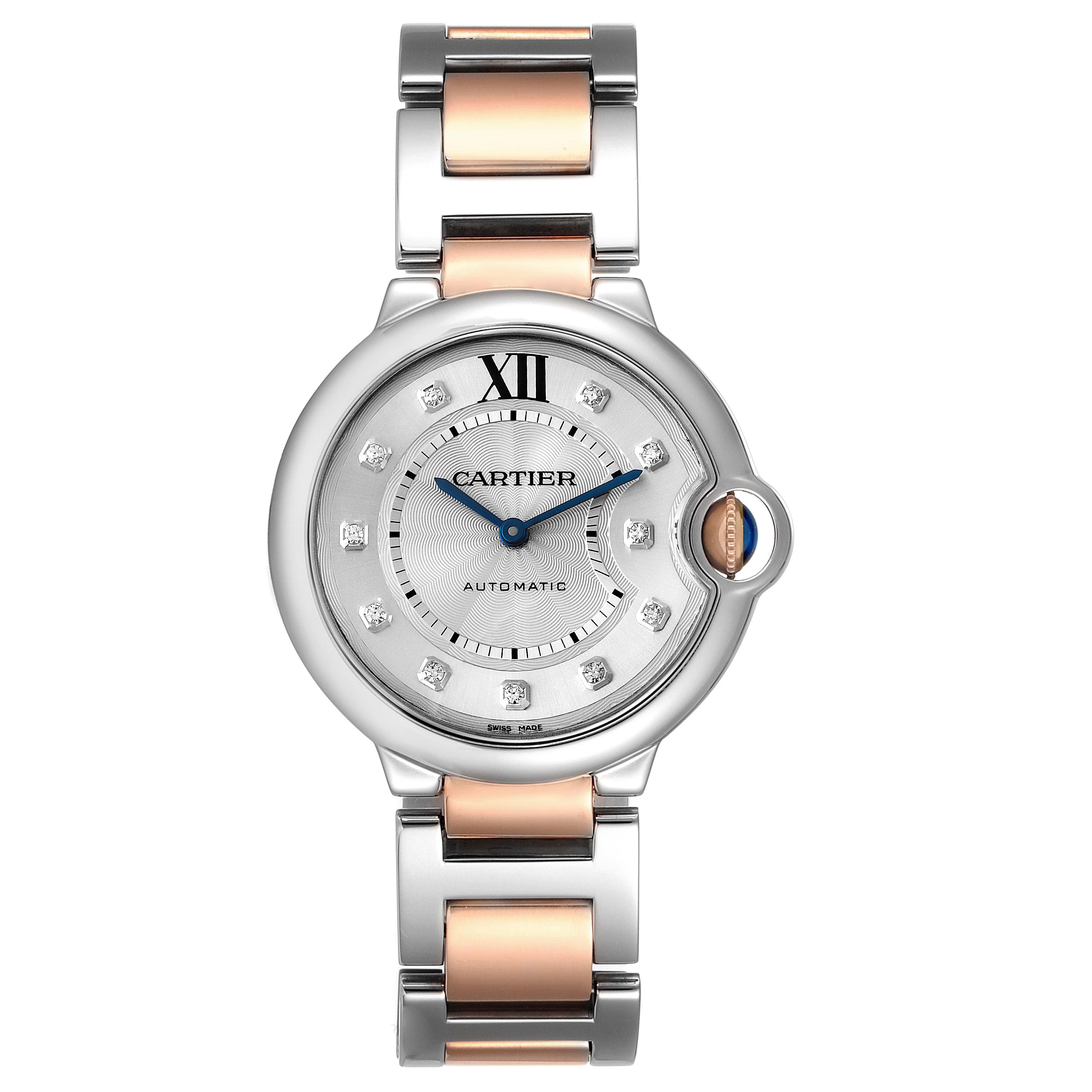 The image shows a front view of a Ballon Bleu model by Cartier, showcasing its face, dial, and two-tone metal wristband.