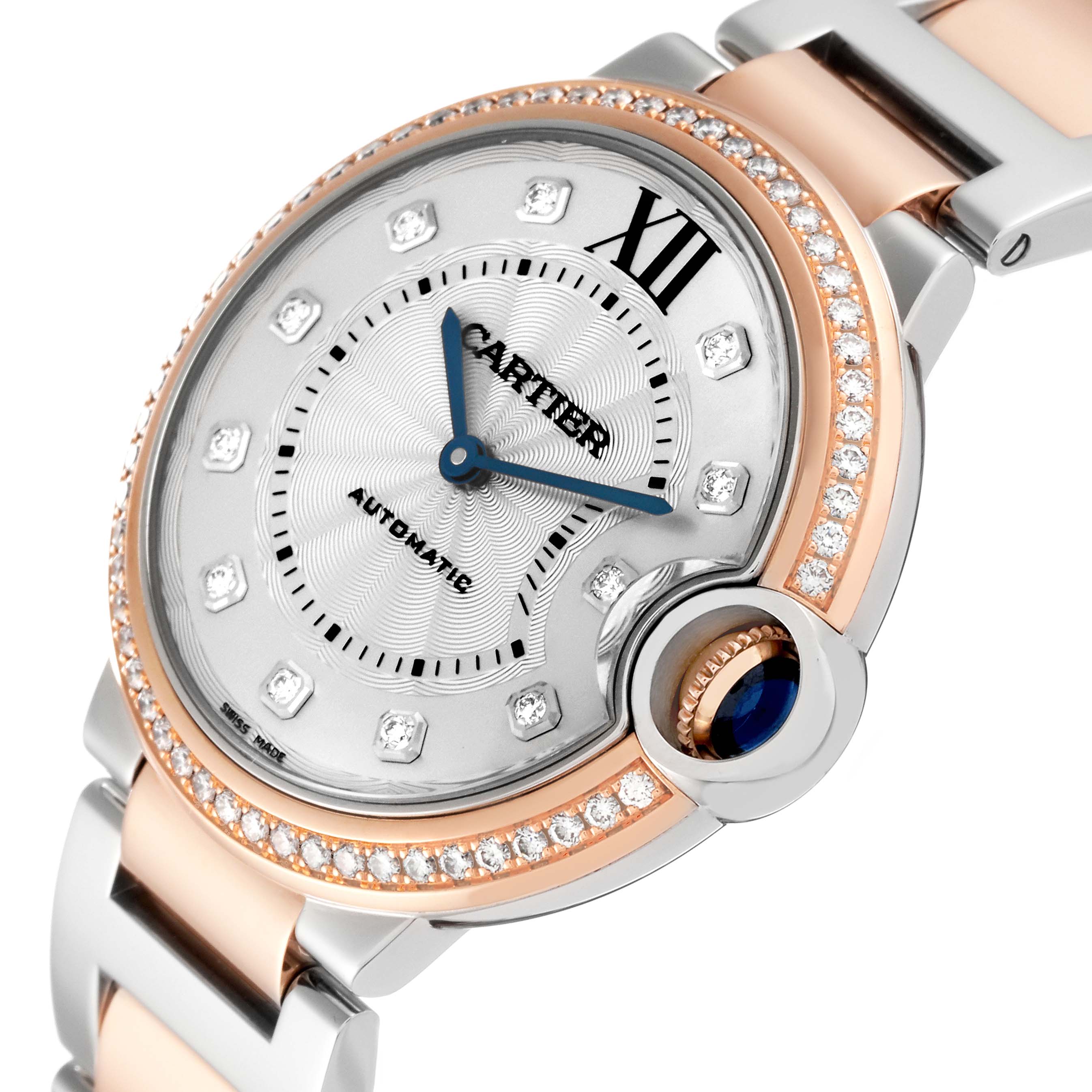 The image shows a close-up angle of the Cartier Ballon Bleu W3BB0004 Women's Steel and Gold (two tone) Silver Dial W3BB0004 Women's Steel and Gold (two tone) Silver Dial watch, highlighting the face, bezel, crown, and part of the bracelet.