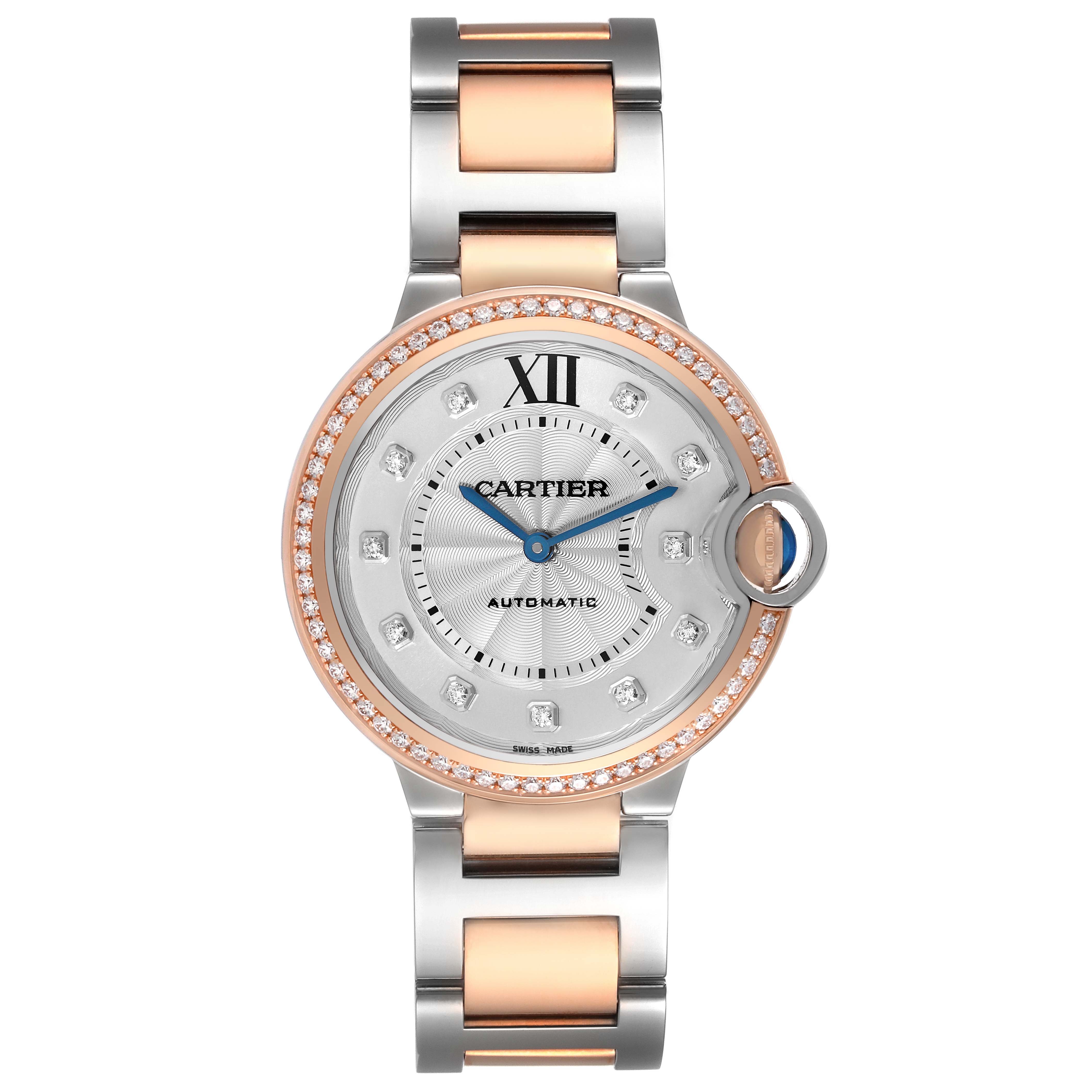 The image shows the front view of a Cartier Ballon Bleu W3BB0004 Women's Steel and Gold (two tone) Silver Dial W3BB0004 Women's Steel and Gold (two tone) Silver Dial watch, featuring a two-tone bracelet and a diamond bezel.