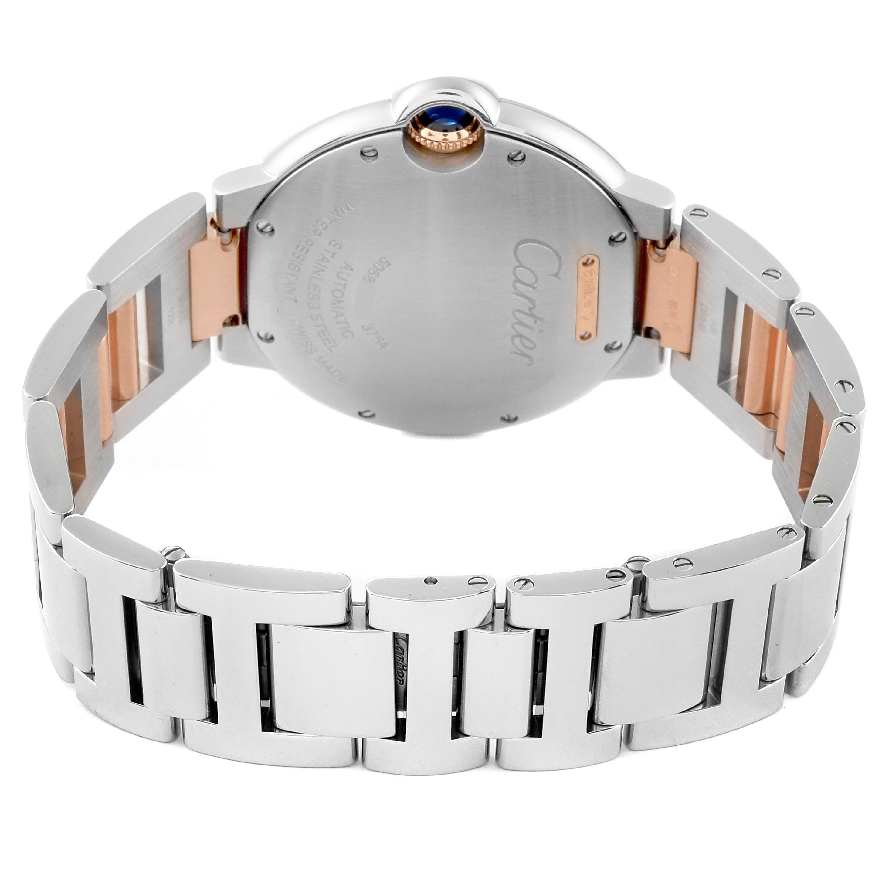 The image shows the back view of the Ballon Bleu model by Cartier, highlighting the bracelet and case back.