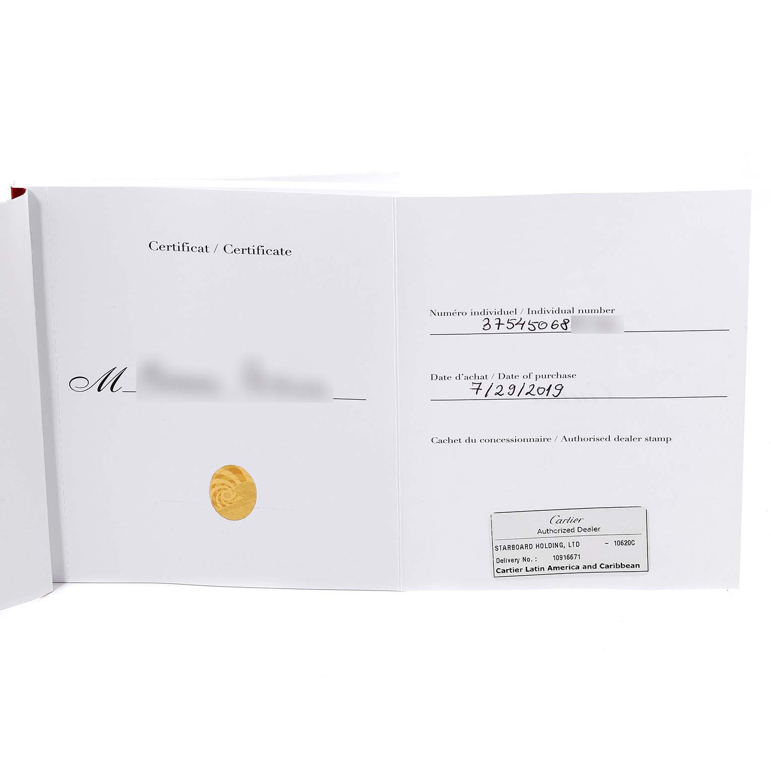 This image shows the authenticity certificate for a Ballon Bleu model by Cartier, displaying individual number, date of purchase, and dealer stamp.