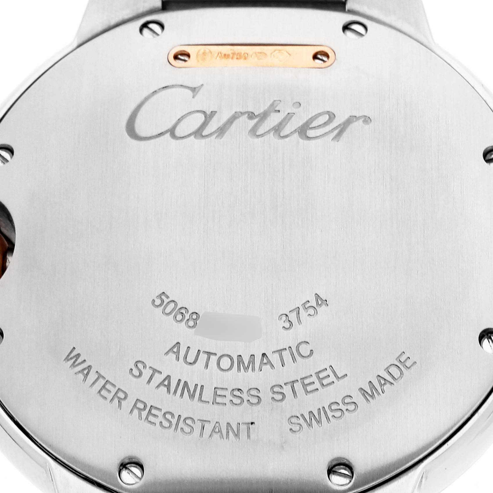 This image shows the back case of a Ballon Bleu model watch by Cartier, engraved with specifications.
