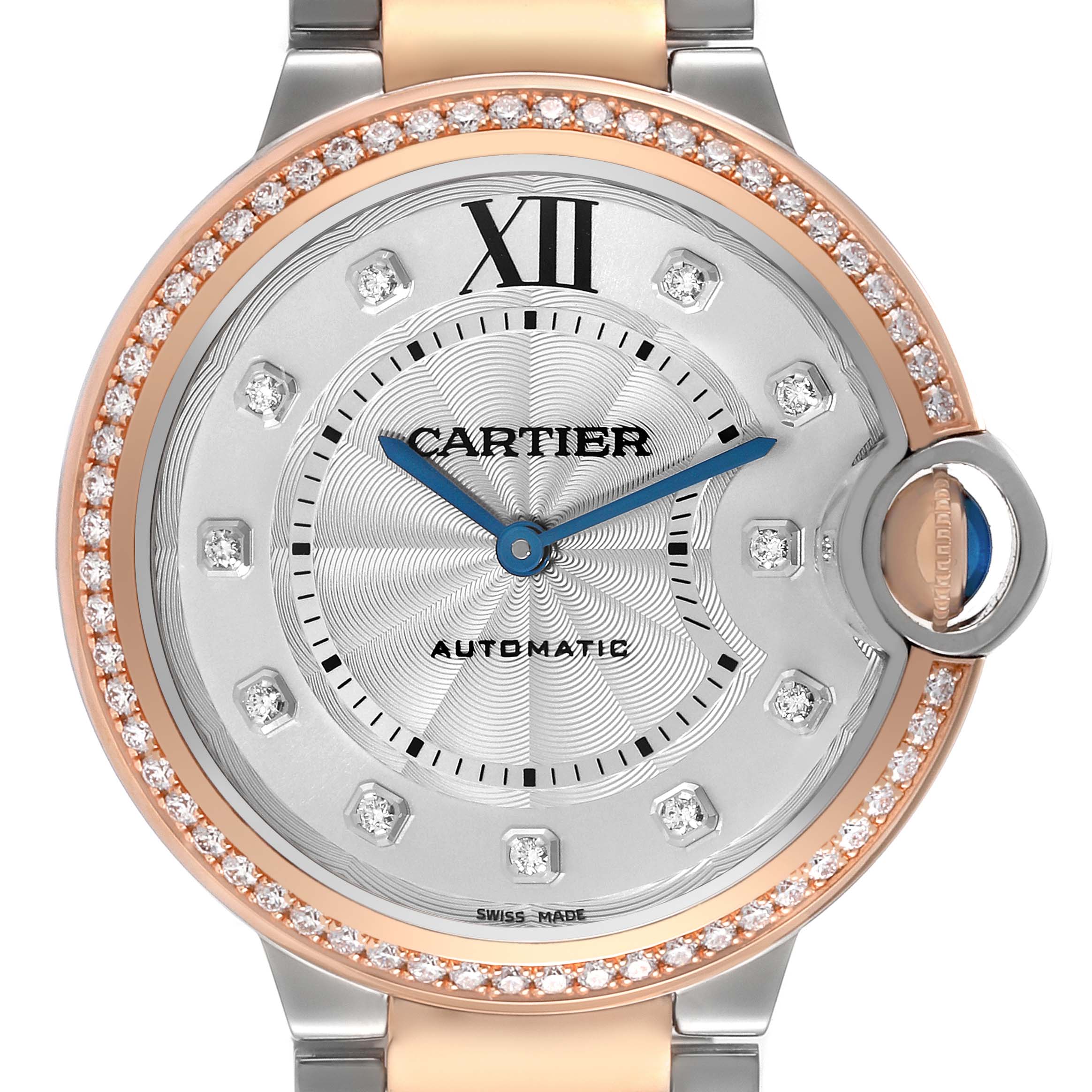 The image shows a close-up, front view of the dial and bezel of a Ballon Bleu de Cartier watch, highlighting its diamond-set bezel.