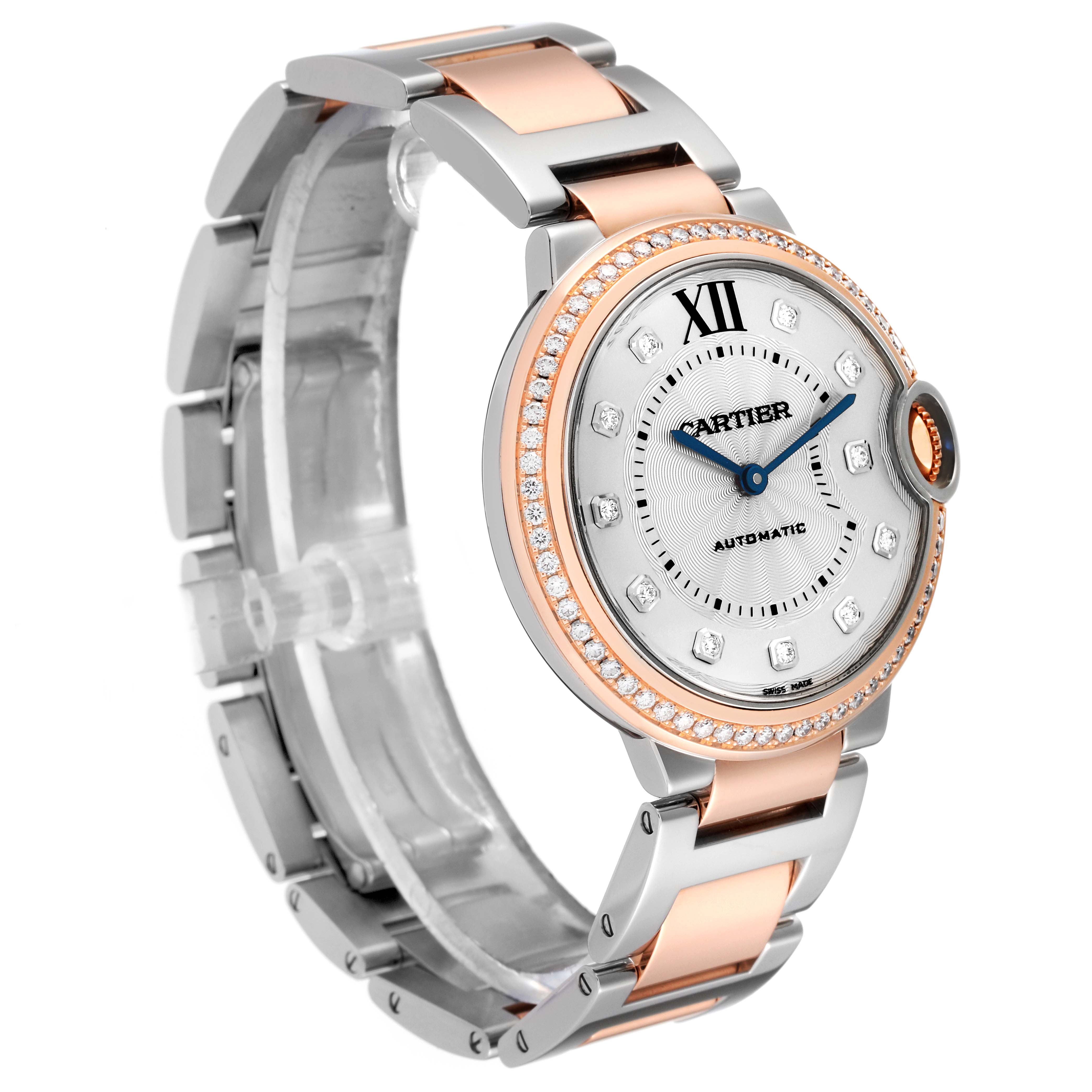 This Cartier Ballon Bleu W3BB0004 Women's Steel and Gold (two tone) Silver Dial W3BB0004 Women's Steel and Gold (two tone) Silver Dial watch is shown from a front-left angle highlighting the face and part of the bracelet.