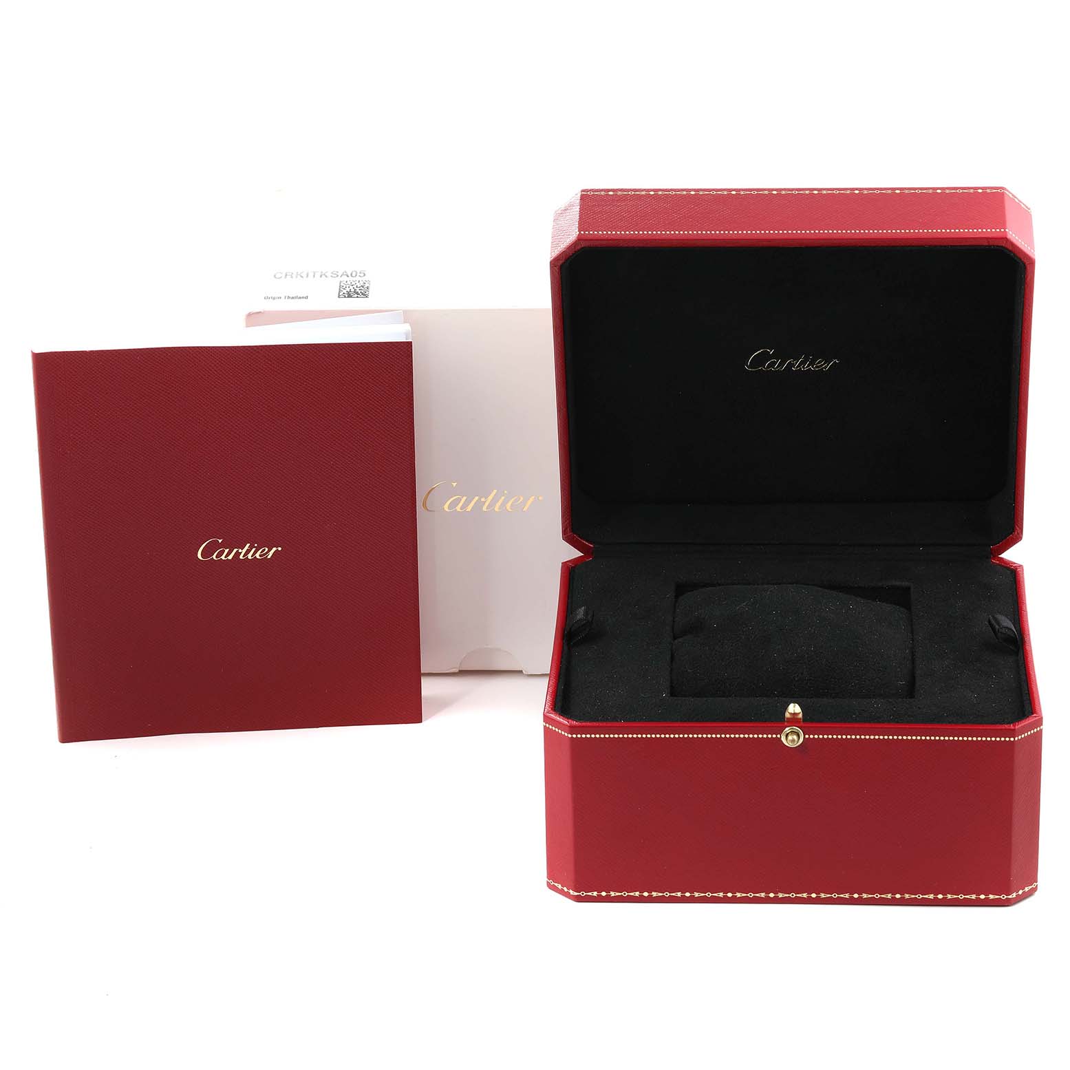 The image shows an open red Cartier Ballon Bleu W3BB0004 Women's Steel and Gold (two tone) Silver Dial W3BB0004 Women's Steel and Gold (two tone) Silver Dial watch box with accompanying documentation.