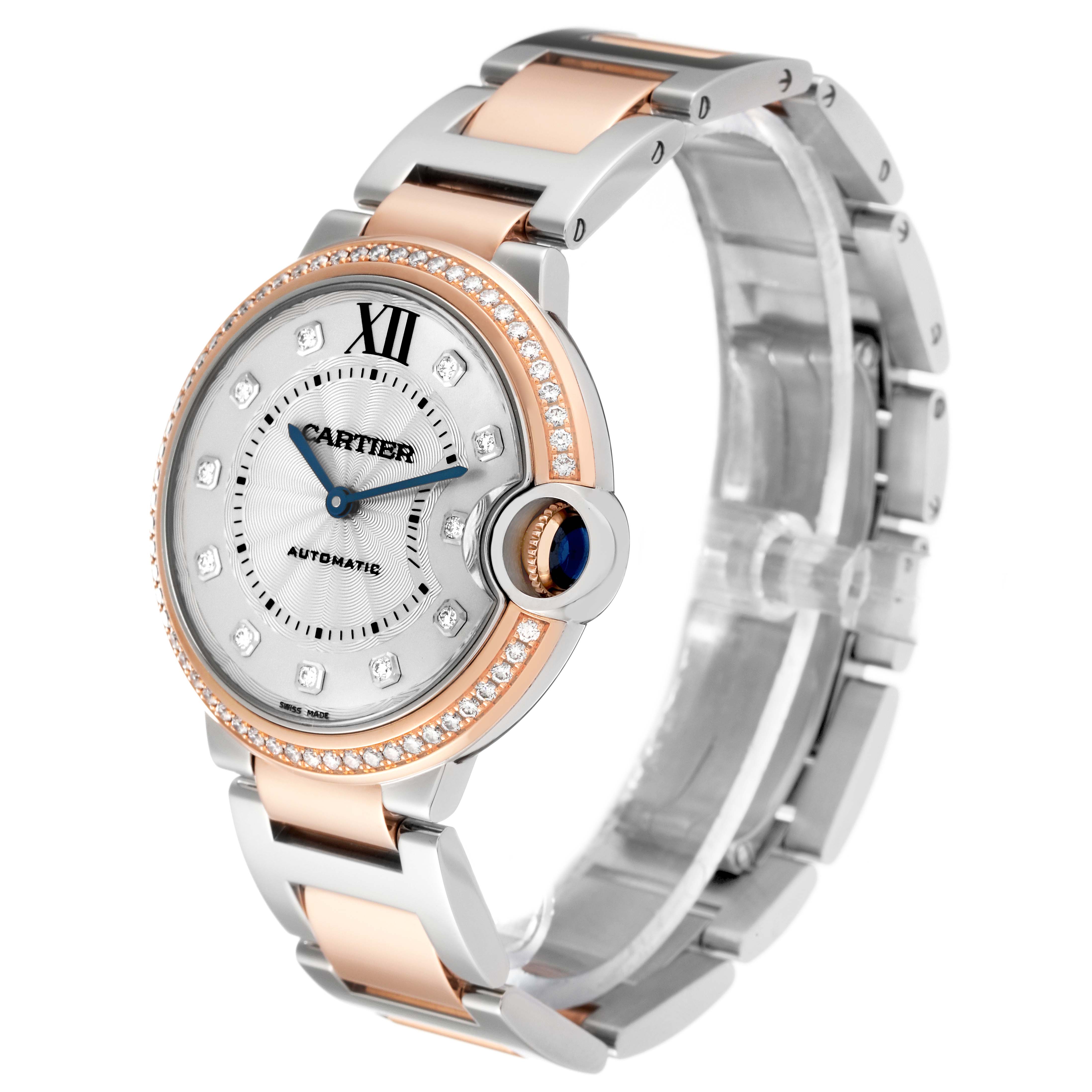 This image shows a Cartier Ballon Bleu W3BB0004 Women's Steel and Gold (two tone) Silver Dial W3BB0004 Women's Steel and Gold (two tone) Silver Dial watch at a three-quarter angle, highlighting its face, bezel, and bracelet.