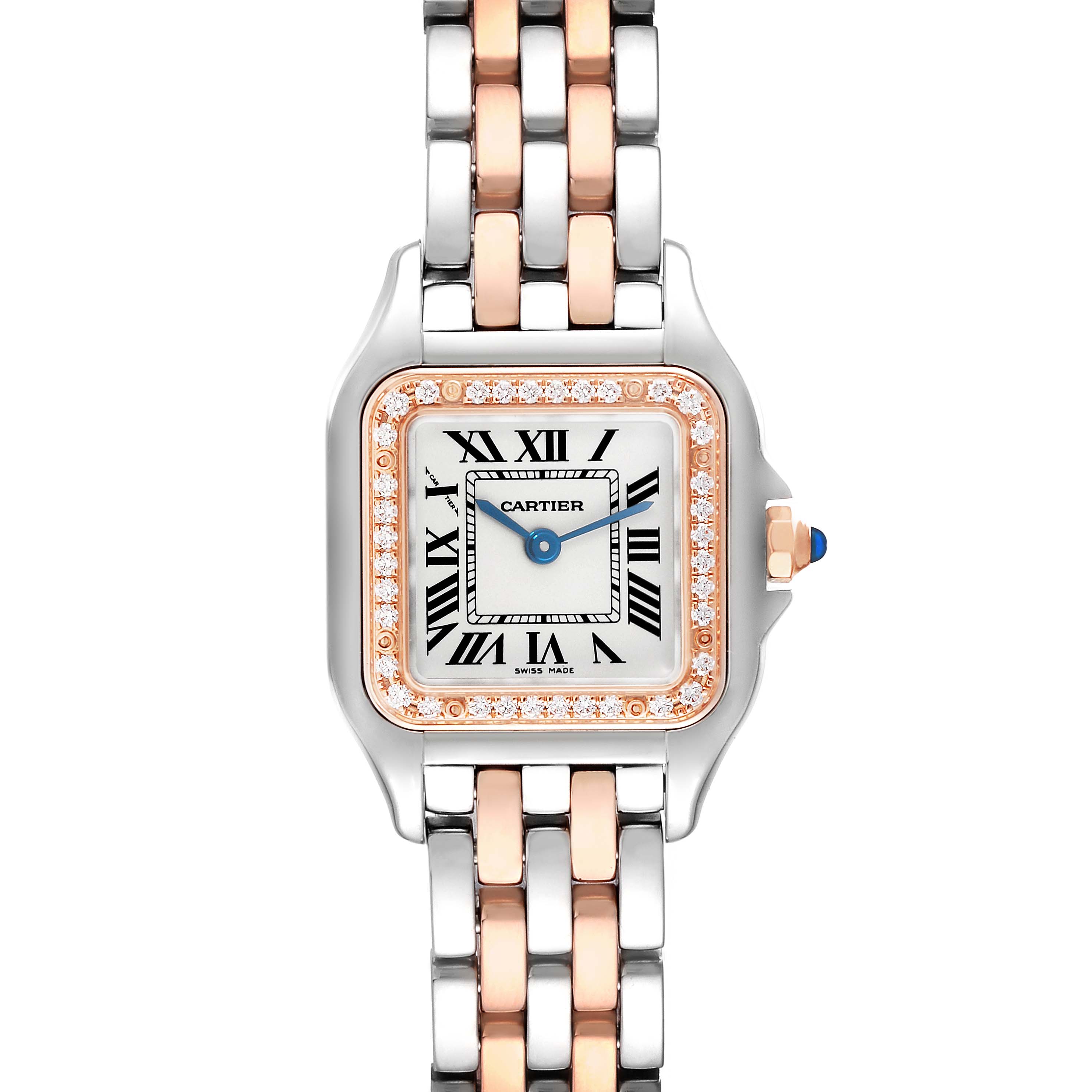 The Cartier Panthere W3PN0006 Women's Steel and Gold (two tone) Silver Dial W3PN0006 Women's Steel and Gold (two tone) Silver Dial watch is shown from a top-down angle, displaying its face, bezel with diamonds, crown, and two-tone bracelet.